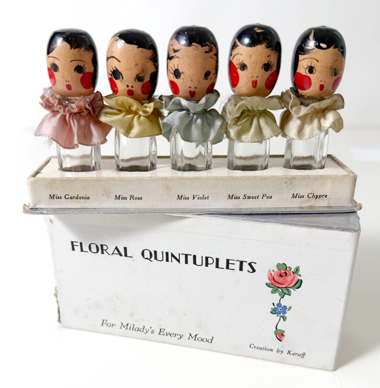 VTG 30s Dionne Floral Quintuplets Complete Figural Perfume Bottles Karoff w/Box