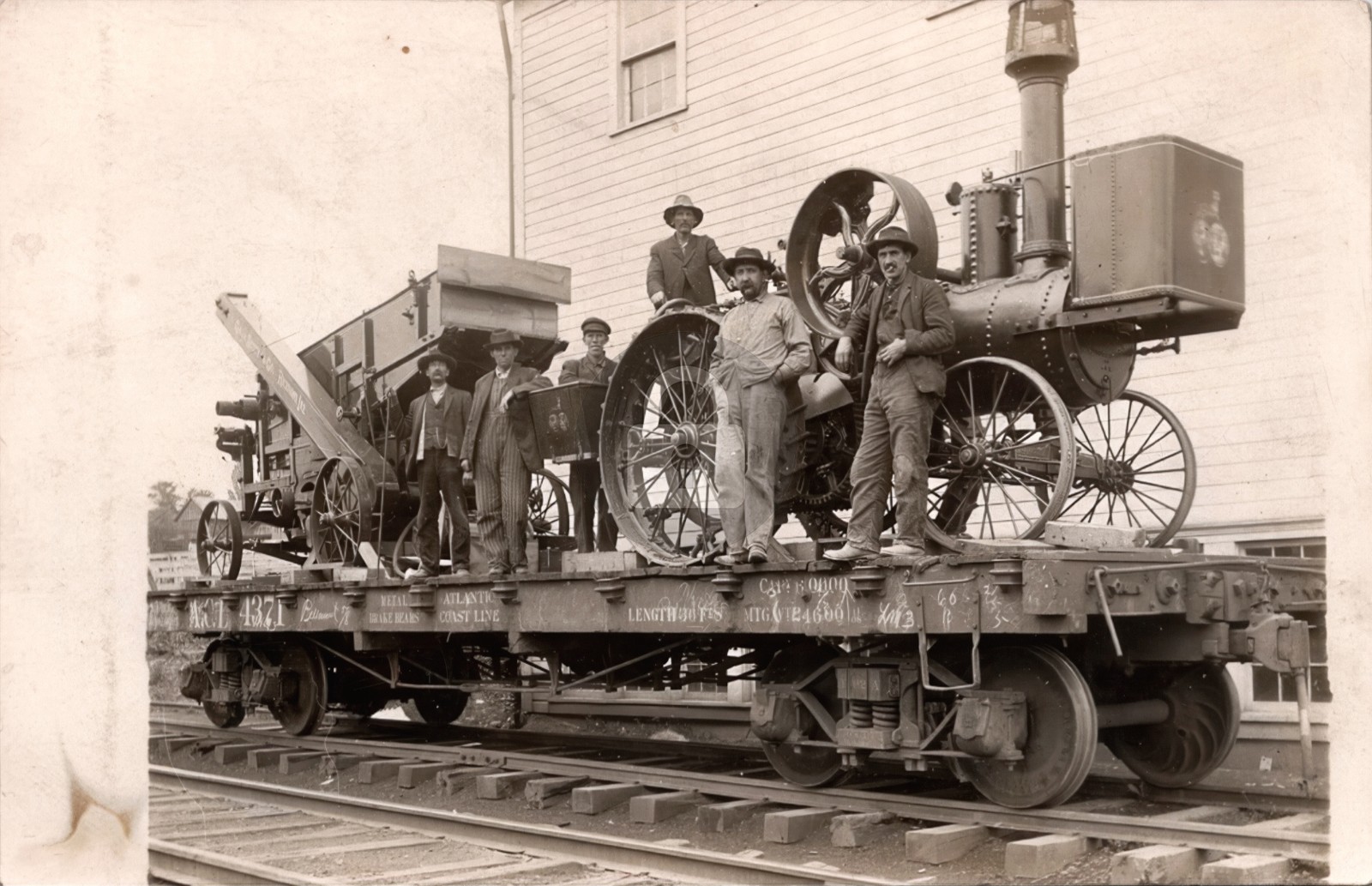 c1910s Threshing Machine Steam Tractor Men On Flatcar RPPC Photo Postcard COPY
