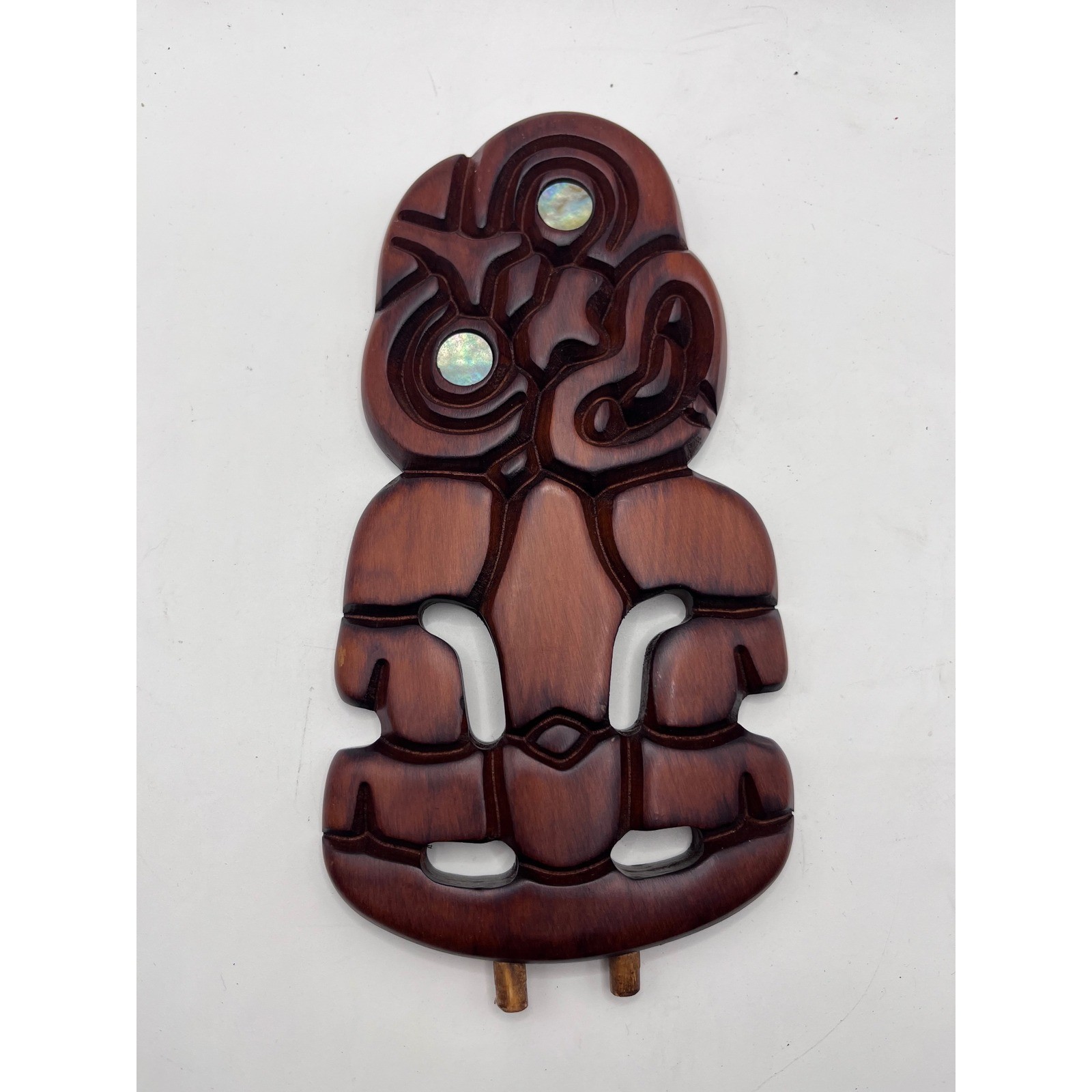 Vintage Maori Wood Carving Hei Tiki Rotorua New Zealand Abalone Paua Shell Eyes
