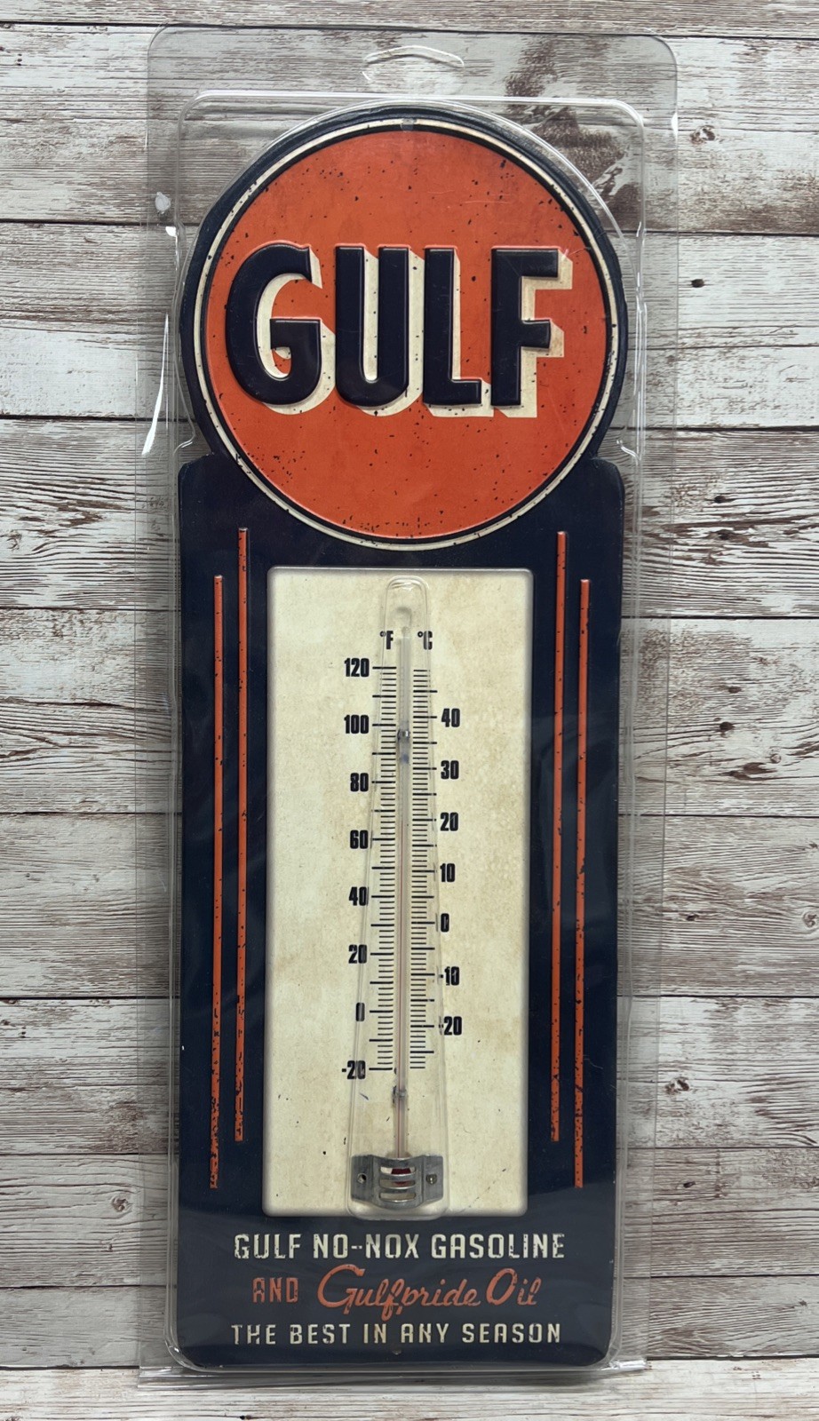 Gulf gasoline Thermometer Vintage look, embossed steel,works,gas pump 15.5x5.5