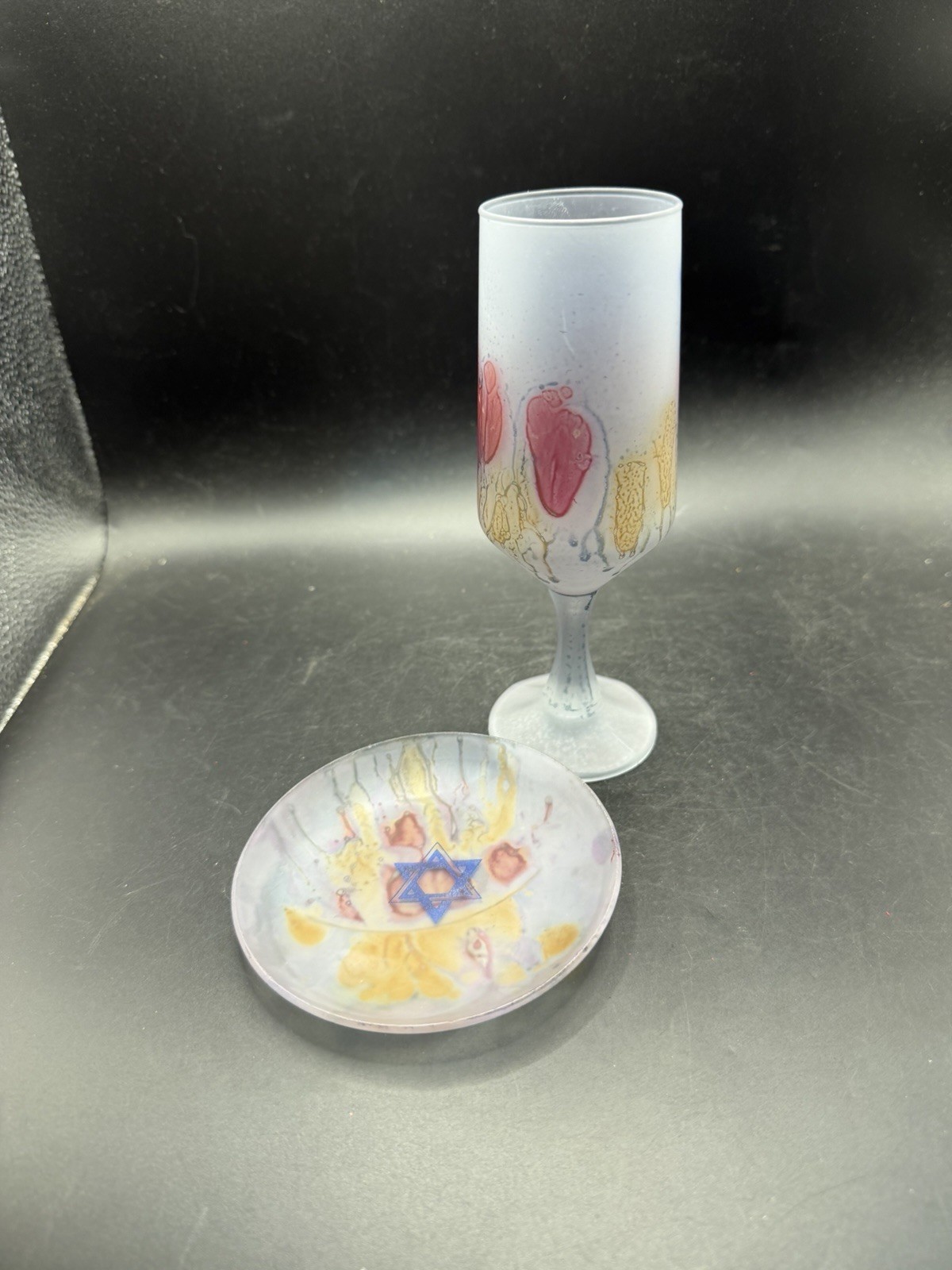 Vintage Frosted Glass Kiddush Cup & Saucer Plate Hebrew Star of David Judaica