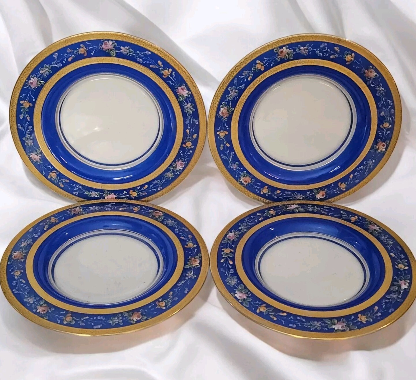 4 Antique Moser Bohemian Glass Dessert Plates Blue Gold Rim Pink Roses