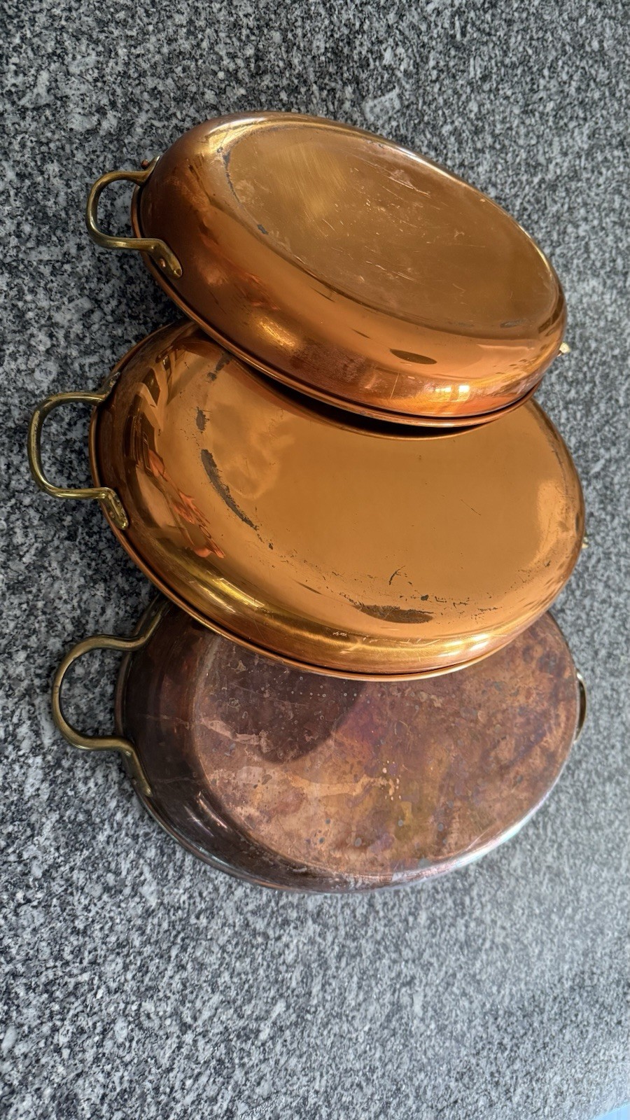 Set of  3 Vintage Copper Finish Oval Au Gratin Pans  Double Brass Handles 