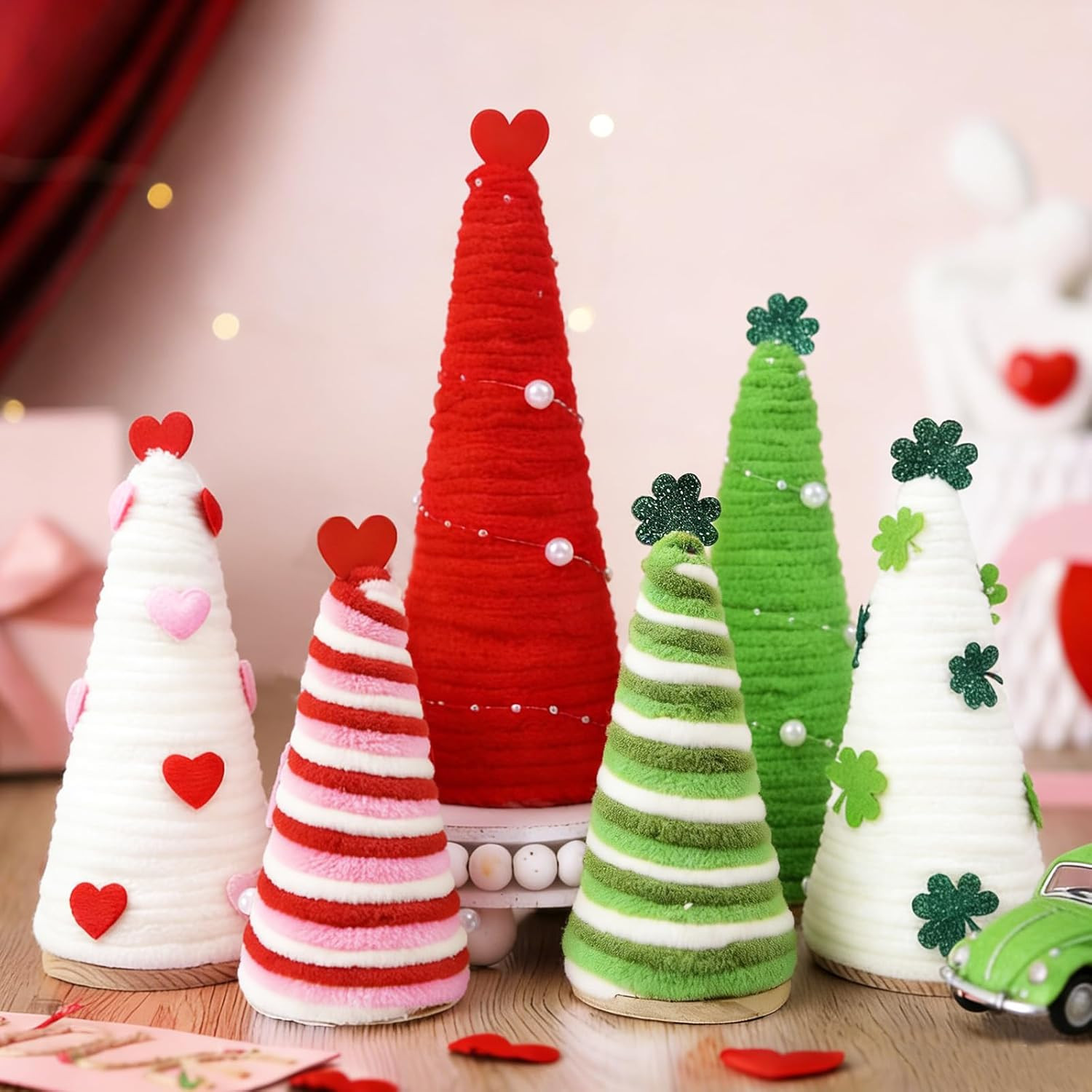 6 Pcs St. Patrick\'S Day&Valentine\'S Day Tree Table Decor,Yarn Wrapped Mini Trees