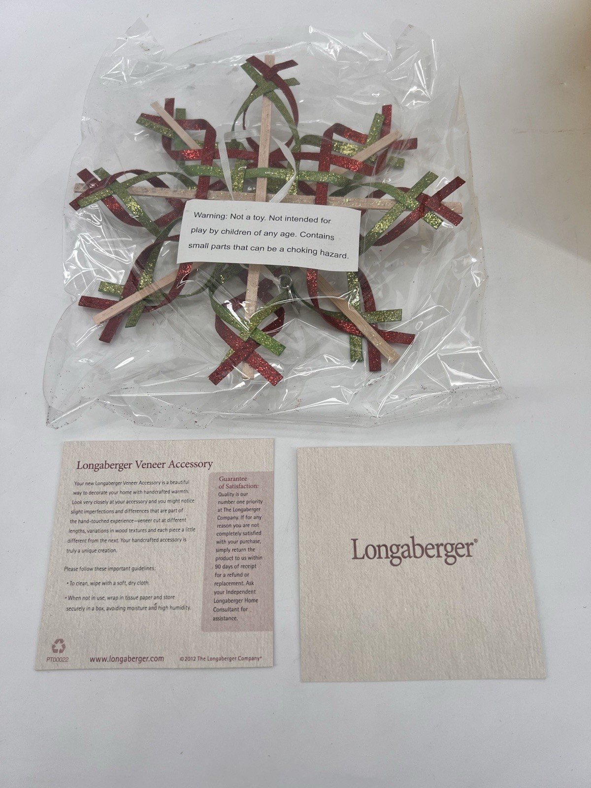 Longaberger 2012 Snowflake Glitter Ornament Wood Veneer Red Green New Box 90447
