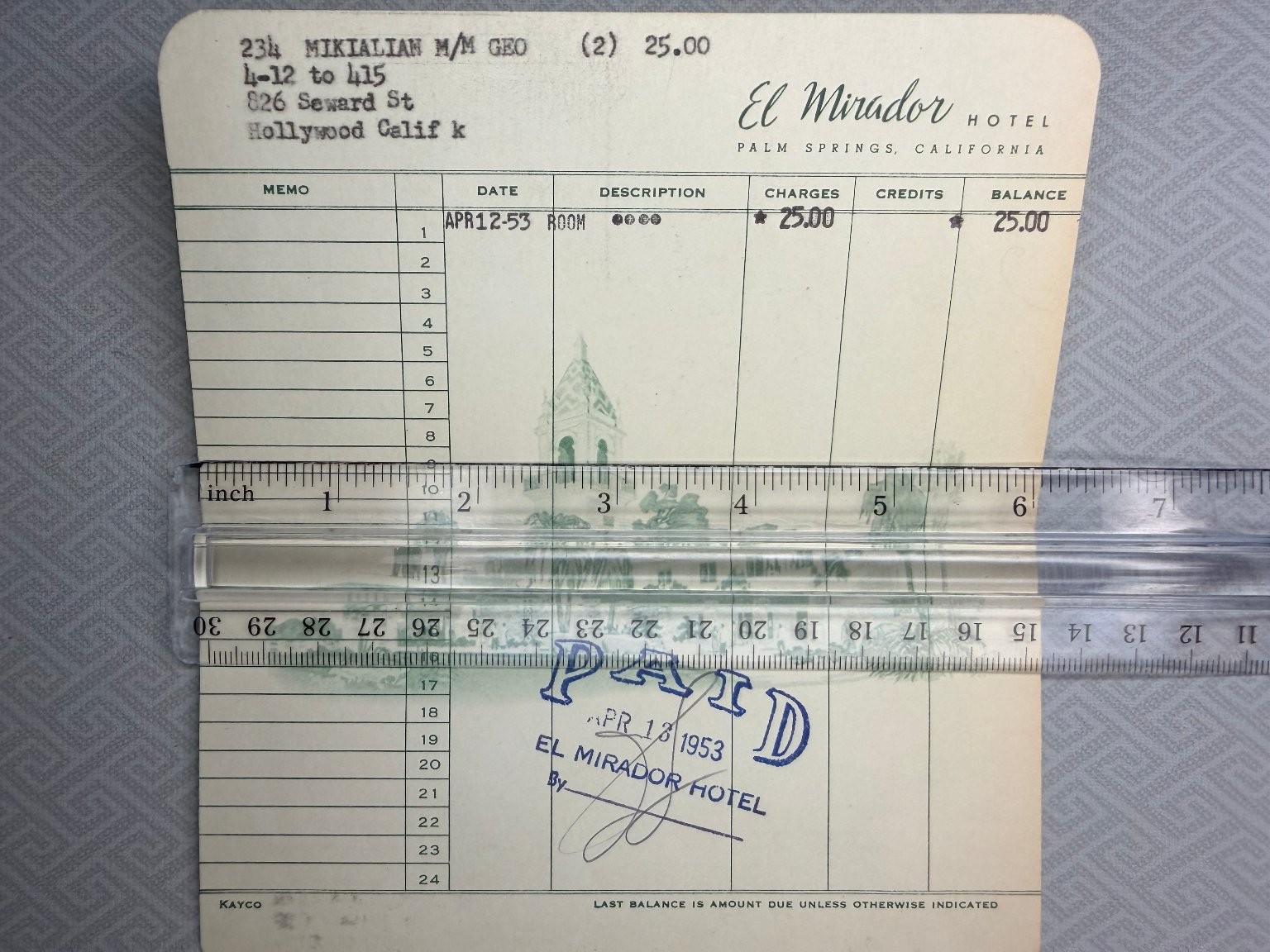 Vintage 1953 El Mirador Hotel Palm Springs CA Paid Hotel Bill Receipt Ephemera Vintage 1953 El Mirador Hotel Palm Springs CA Paid Hotel Bill Receipt Ephemera