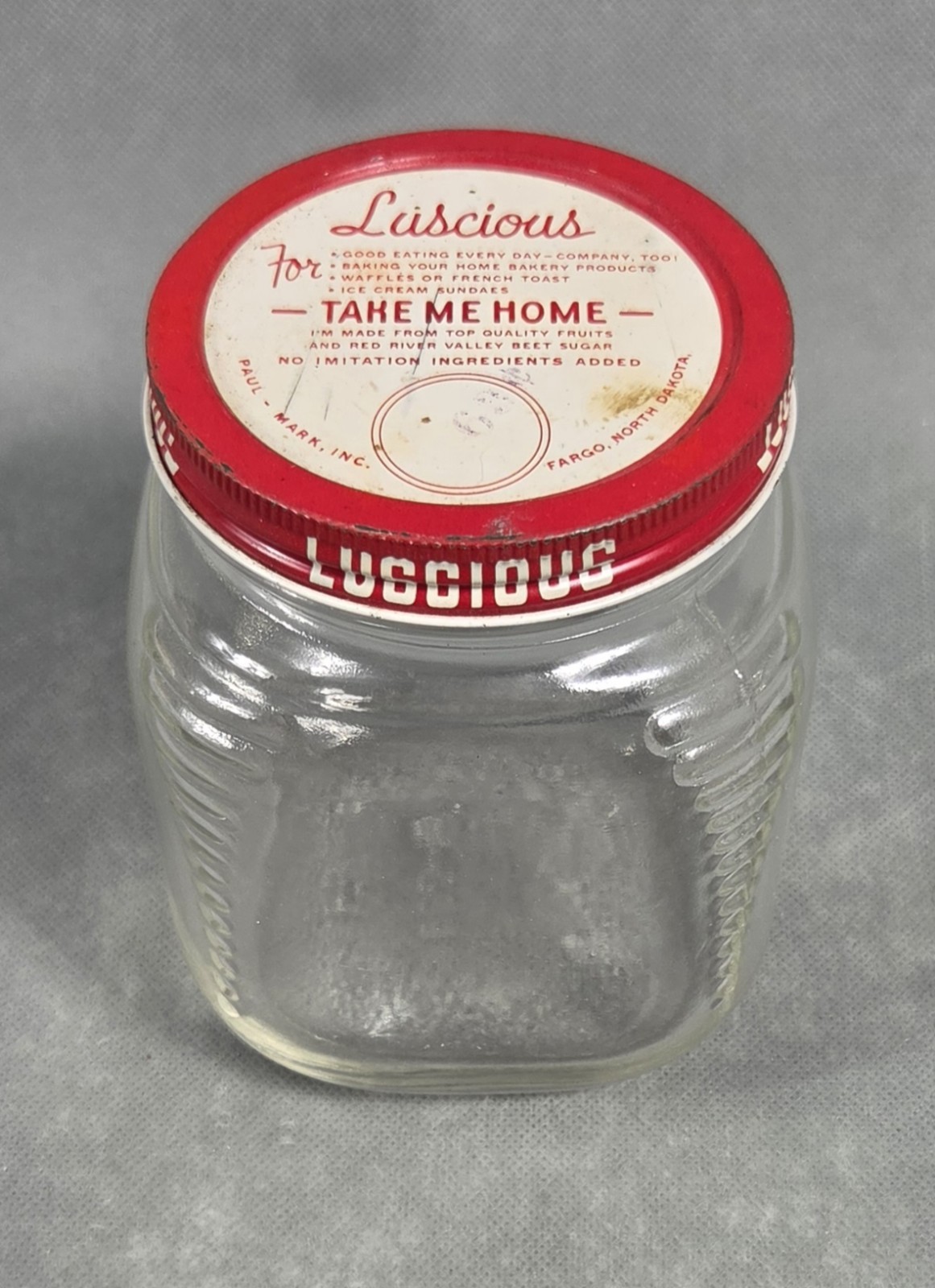 Vintage HAZEL ATLAS Glass LUSCIOUS Screw Top JAM JELLY FRUIT Advertising JAR