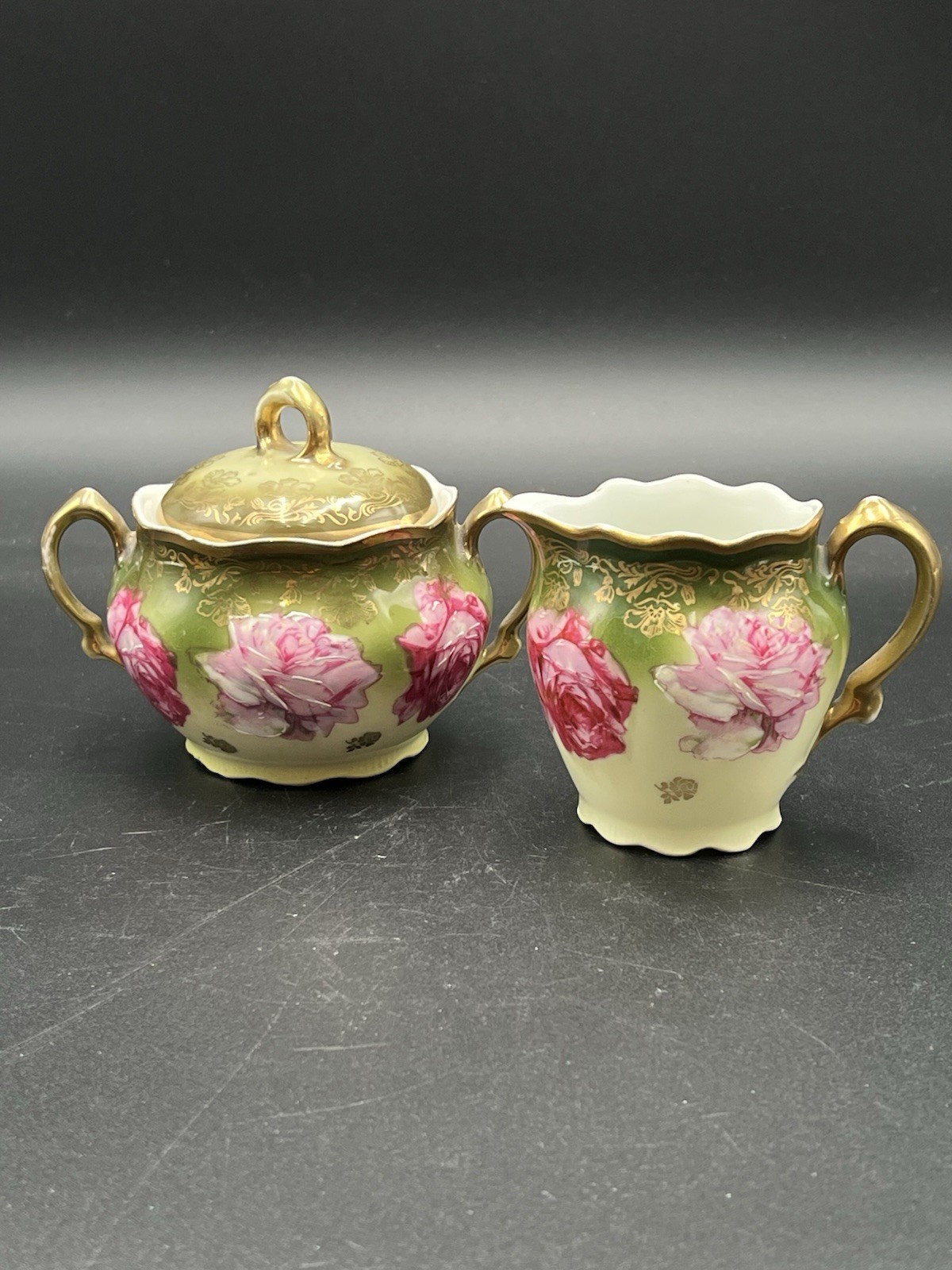 Antique Z.S & Co Bavaria Mignon Creamer Sugar Bowl Set Dark Green Pink Roses 
