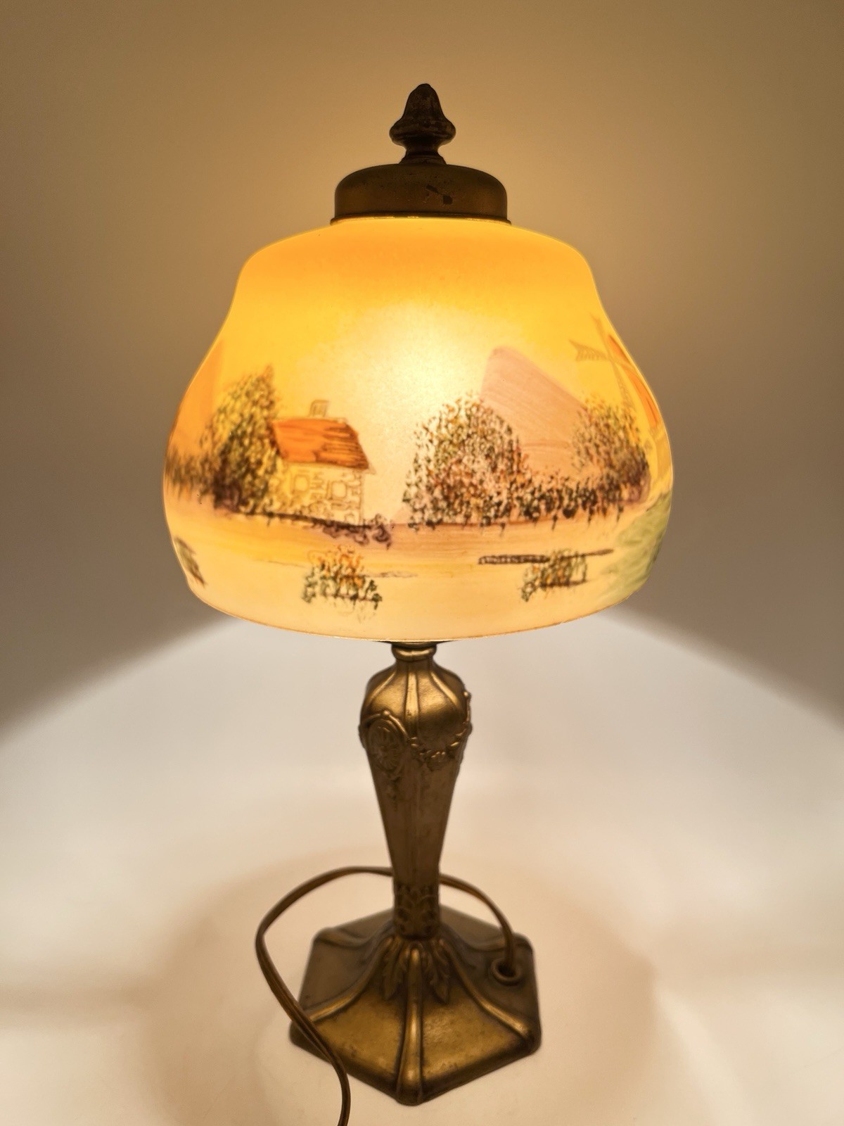 Antique 1920s Scenic Reverse Painted Glass Table Lamp LACO Windmill Cottage