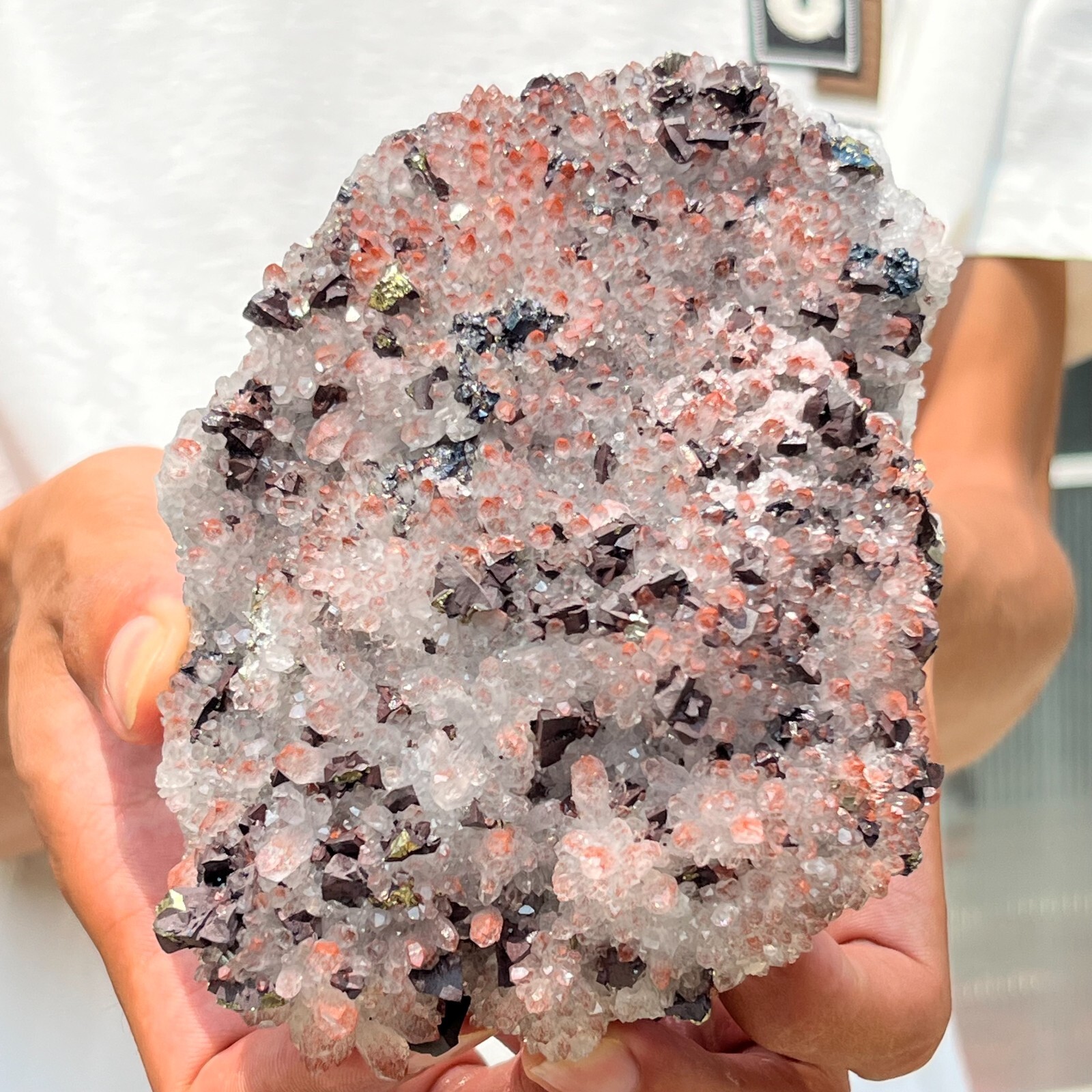 800g Large Natural Red Quartz Crystal Cluster & Pyrite Gold Mineral Specimen