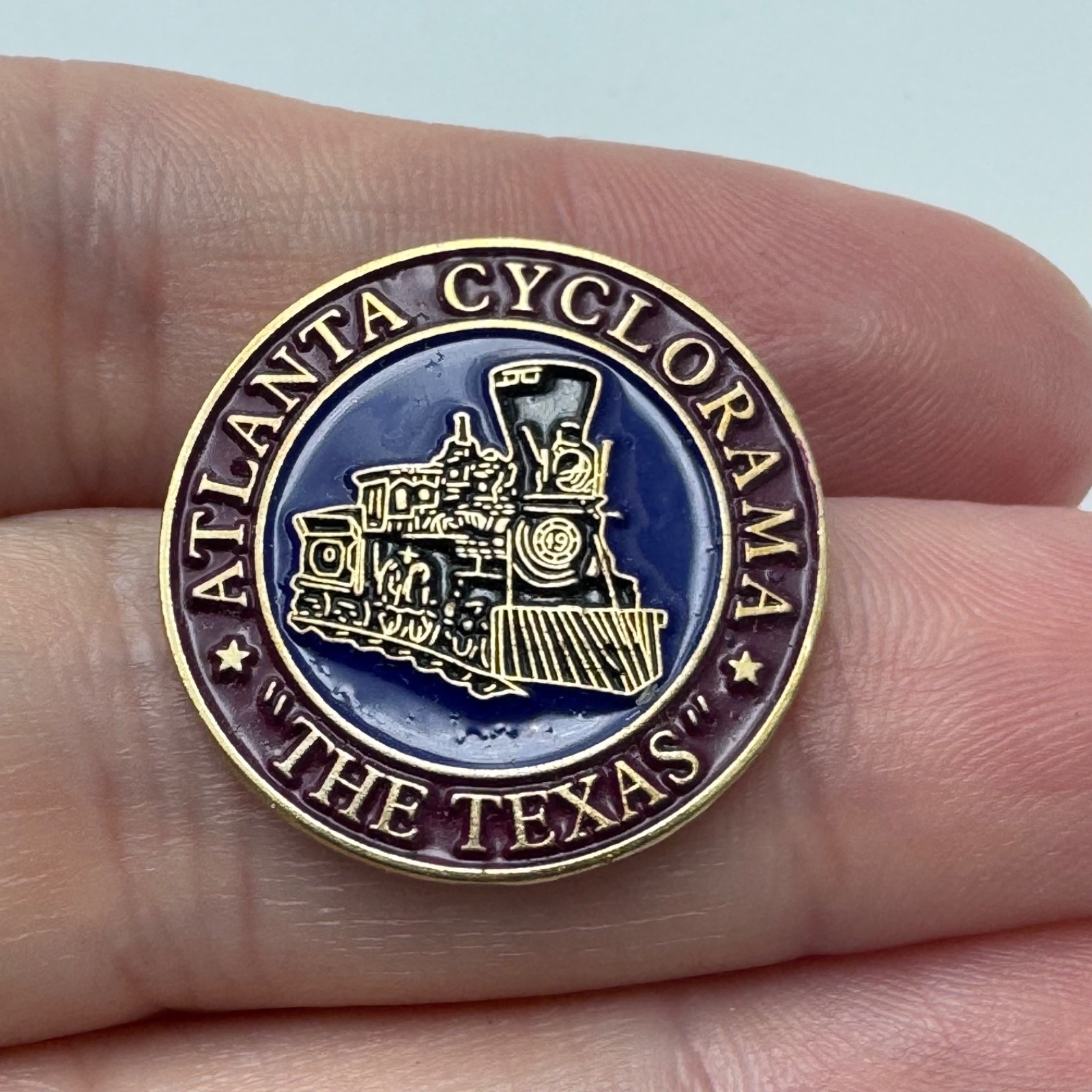 Vintage Atlanta Cyclorama Texas Steam Locomotive Round Enamel Lapel Pin Vintage Atlanta Cyclorama Texas Steam Locomotive Round Enamel Lapel Pin