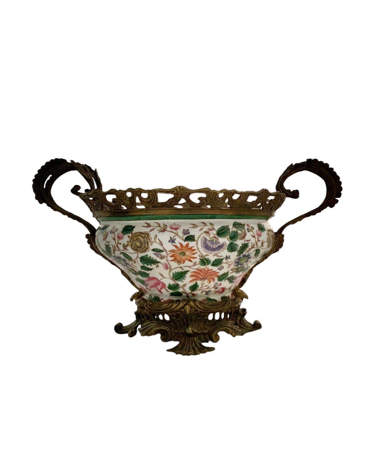 Planter Vintage Wong Lee  Crackled Porcelain Vase with Metal Handles Asian