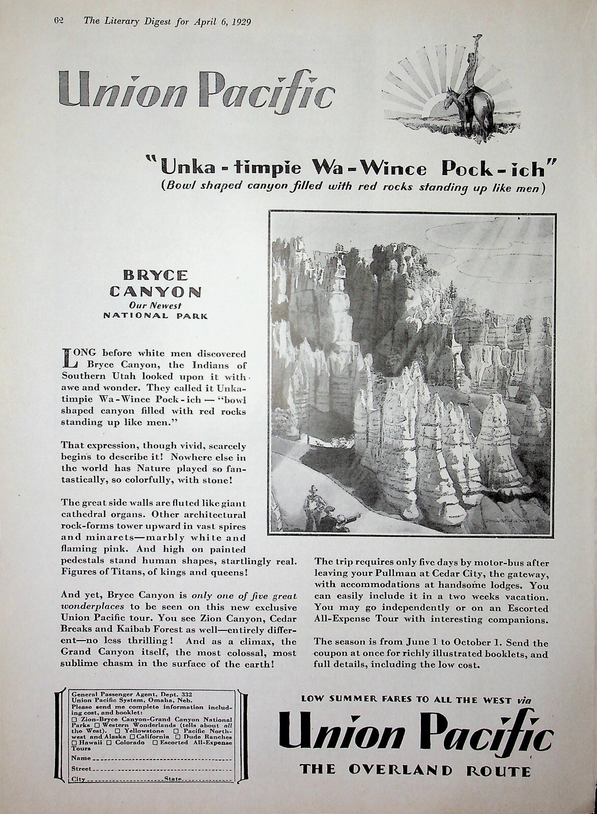 Original Railroad & Trains ADs: BRYCE CANYON, Our Newest NATIONAL PARK