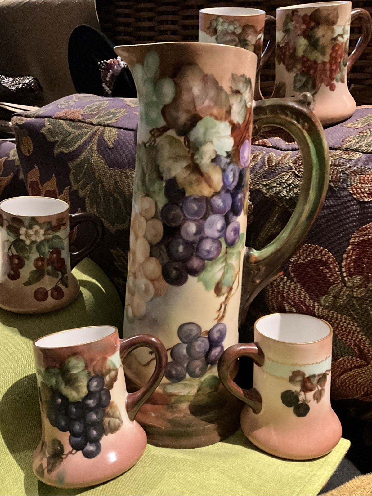 Antique JPL Jean Pouyat Limoges France Tankard Pitcher Grapes Hand Paint 5 Cups