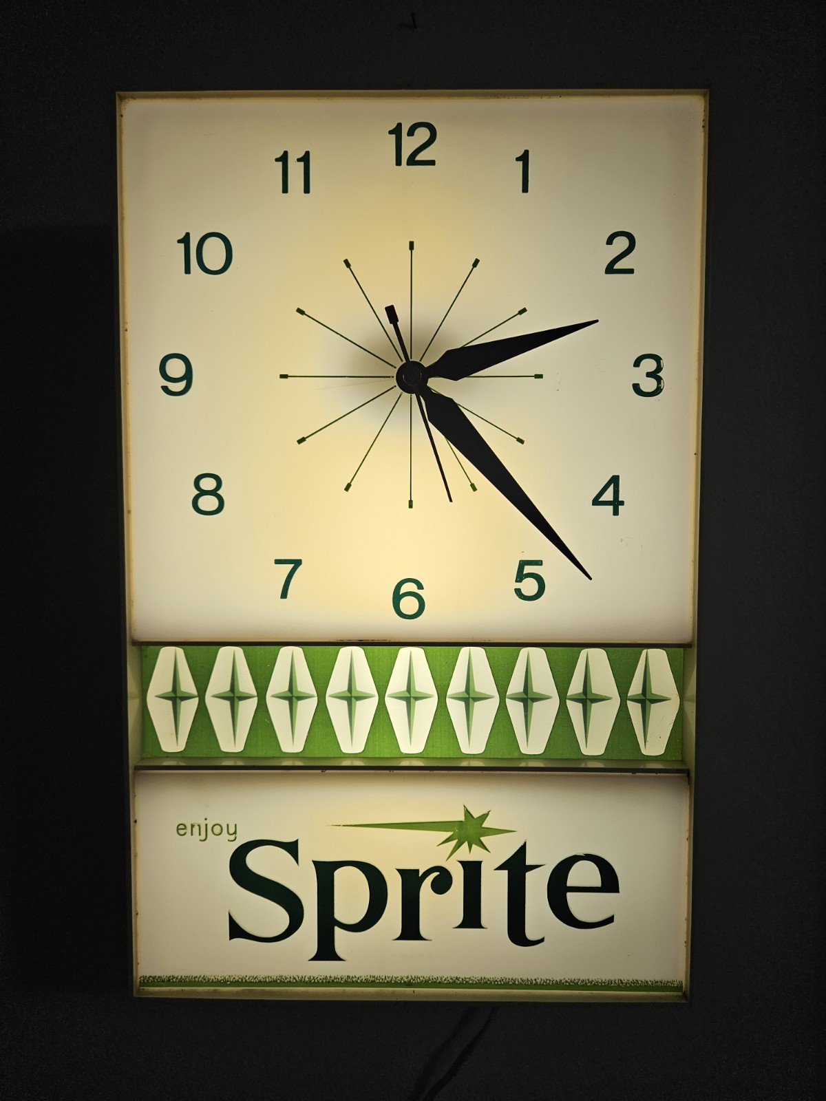 Vintage Mid Century Sprite Soda Advertising Light Up Sign Wall Clock