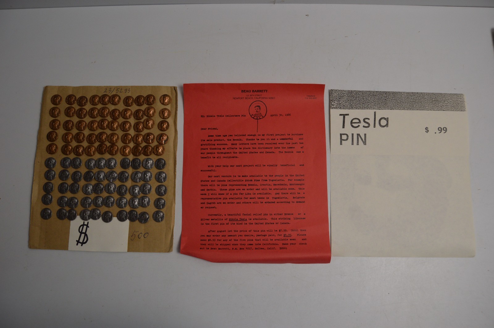 Vintage Nikola Tesla Collectors Pin Display Resell Letter & Picture 100 PCS Vintage Nikola Tesla Collectors Pin Display Resell Letter & Picture 100 PCS