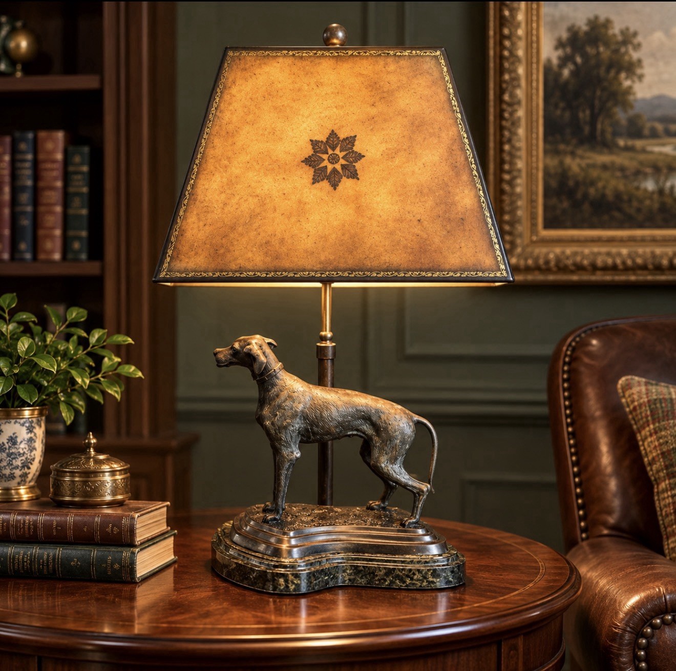 Vintage Maitland Smith Bronze Pointer Dog Lamp Marble Base Leather Shade 23”