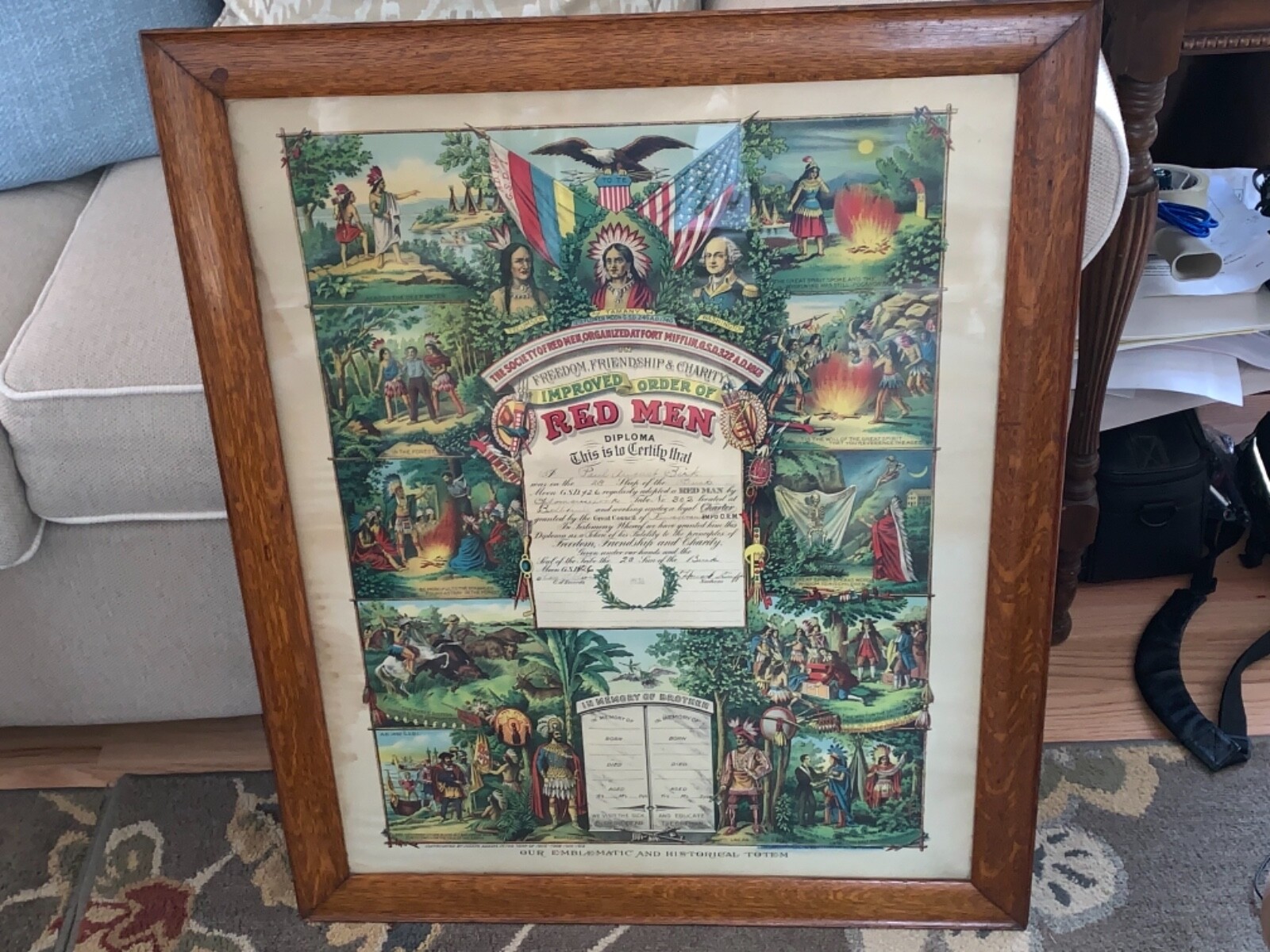 Framed Original 1912 Improved Red Man Diploma RARE Historical Framed Original 1912 Improved Red Man Diploma RARE Historical