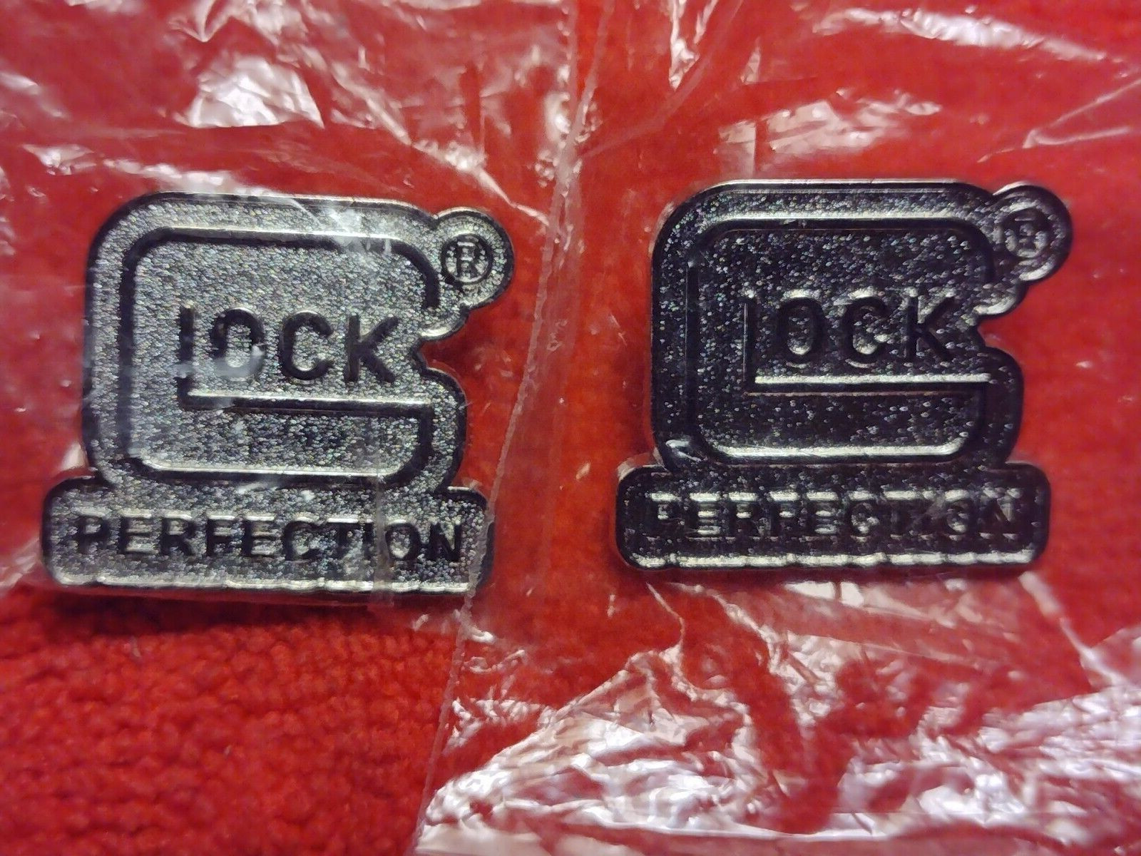 GLOCK PERFECTION Two Hat Vest Lapel Range-bag Pins SHOT-SHOW NOS NIP Silver 2 GLOCK PERFECTION Two Hat Vest Lapel Range-bag Pins SHOT-SHOW NOS NIP Silver 2