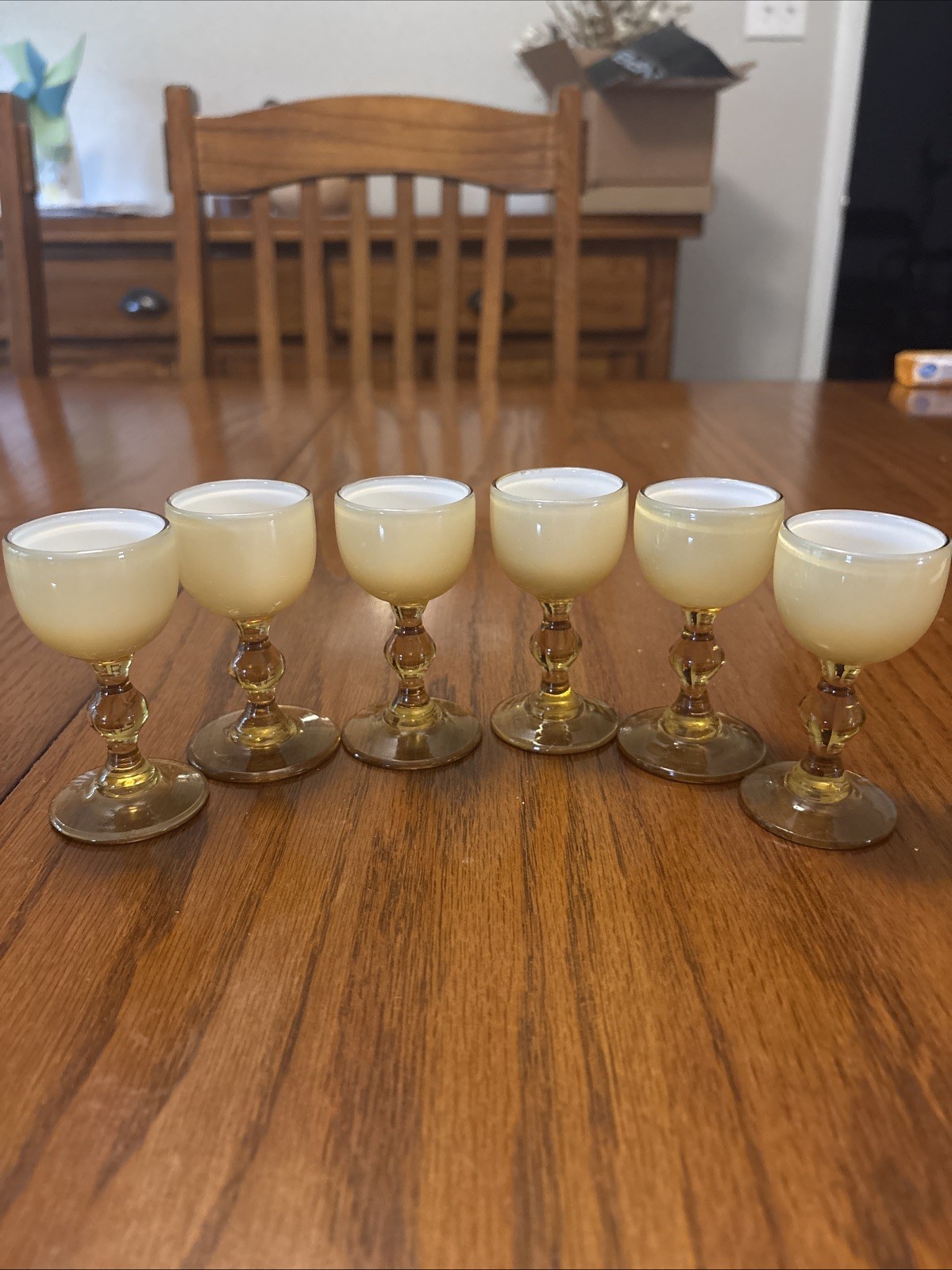 6 Vintage Carlo Moretti Cordial Liquor Shot Glasses Butterscotch/white 6 Vintage Carlo Moretti Cordial Liquor Shot Glasses Butterscotch/white