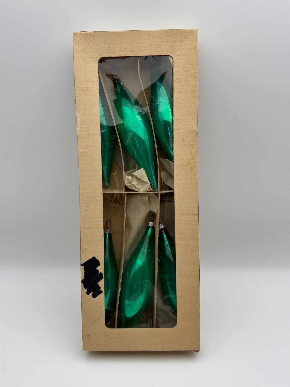 Vintage West Germany Green Glass Christmas Ornaments Teardrop Torpedo MCM 6030