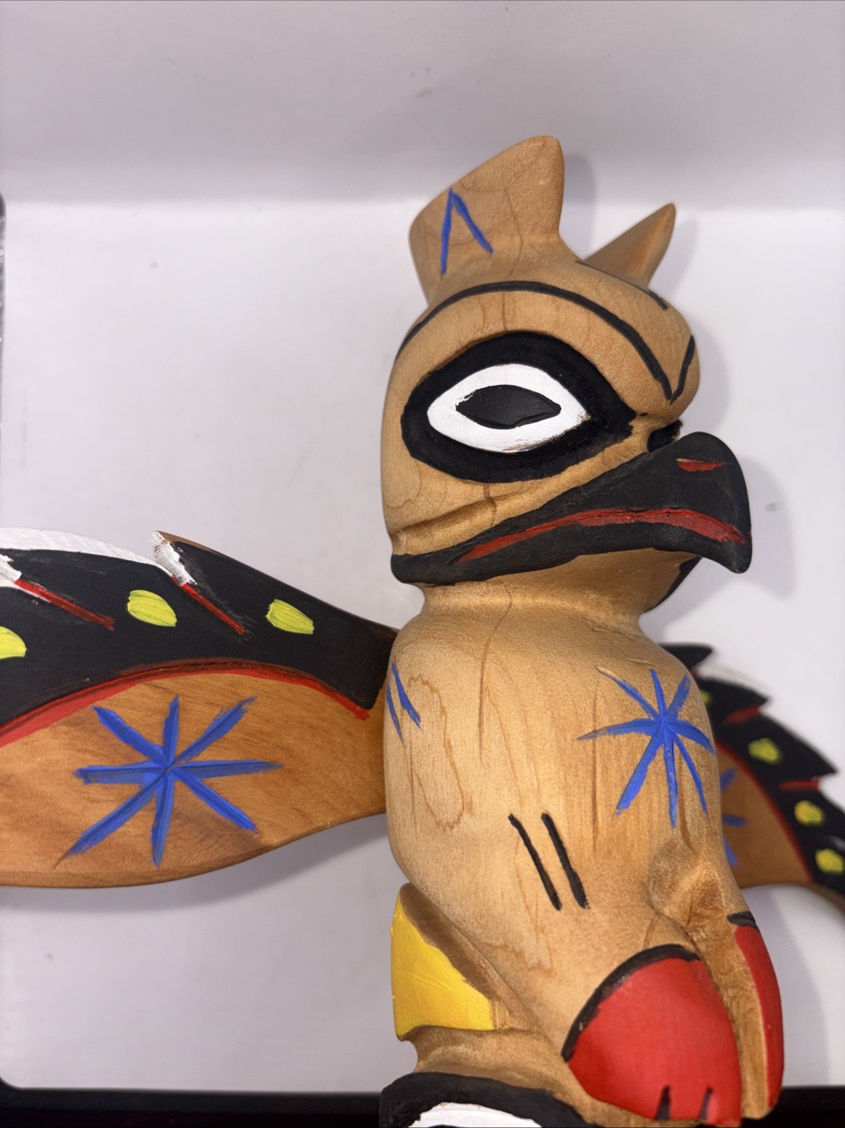 Vtg Pacific Northwest Coast Carved Wood Totem Pole Owl Thunderbird Signed HC 7x8