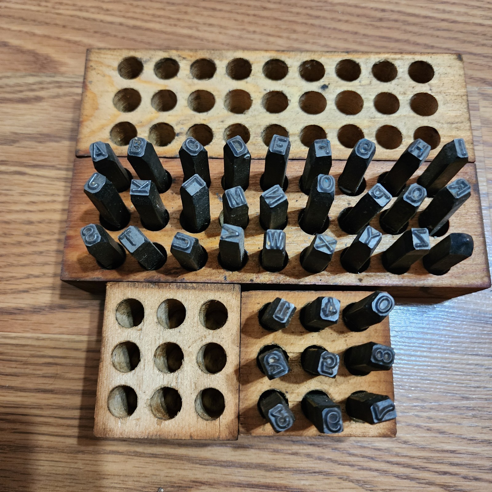 Vintage 37 Pc Letter Stamp Punch Set A-Z #0-9 Symbols Steel w/ 2 Wood Boxes USA