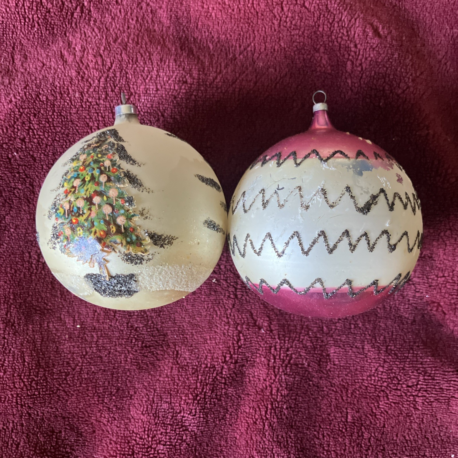 2 Vtg Mercury Glass Ball Christmas Ornament W Mica and Xmas tree scrap Austria