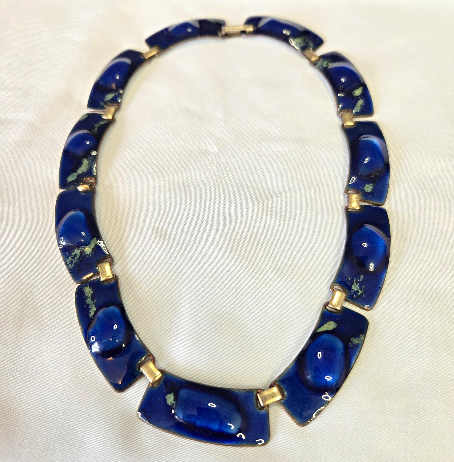 VTG Kay Denning Signed Cobalt Blue Enamel Copper Panel Necklace MCM 1960s