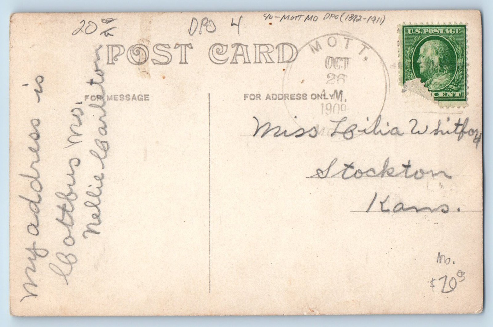 DPO (1892-1911) Mott Missouri MO Postcard RPPC Photo Pretty Woman Studio 1908 DPO (1892-1911) Mott Missouri MO Postcard RPPC Photo Pretty Woman Studio 1908