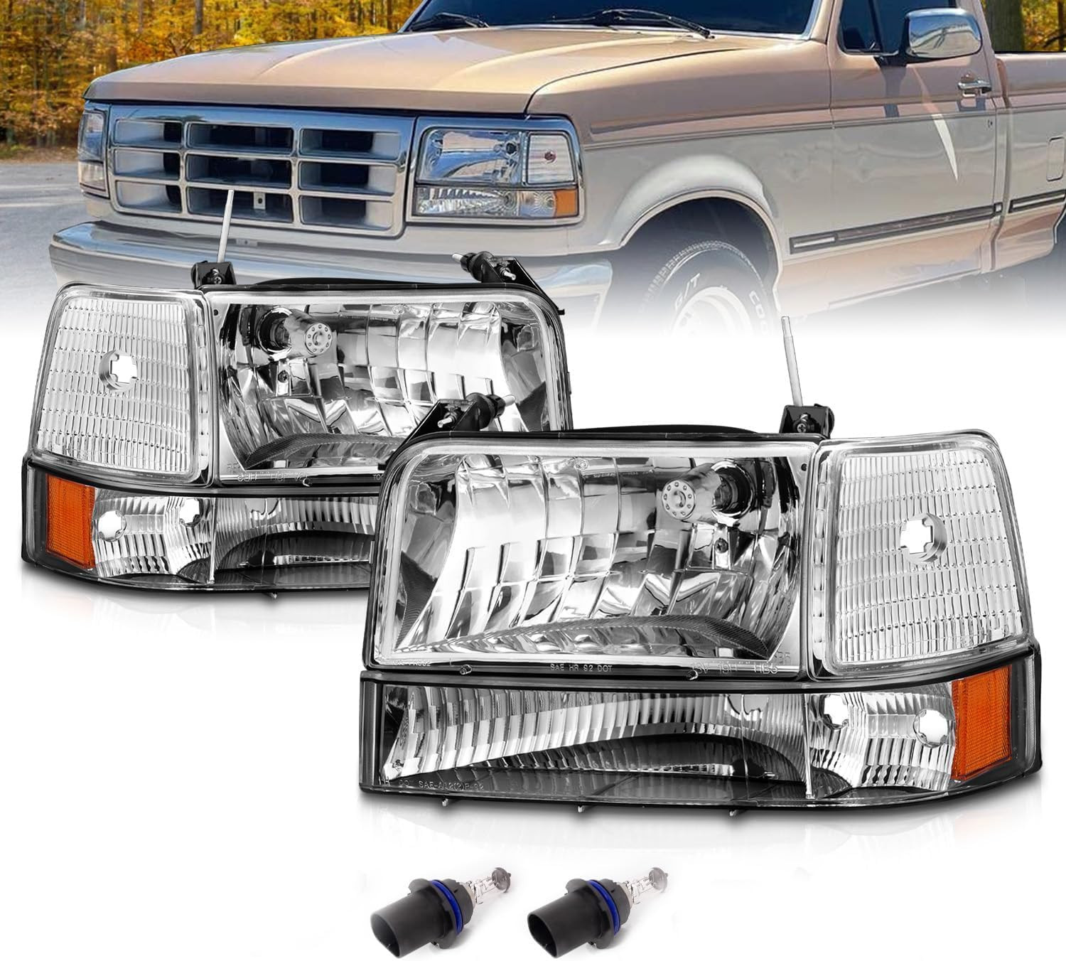 for 1992-1996 Ford F150 F250 F350 Bronco Truck Chrome Replacement Headlight Asse