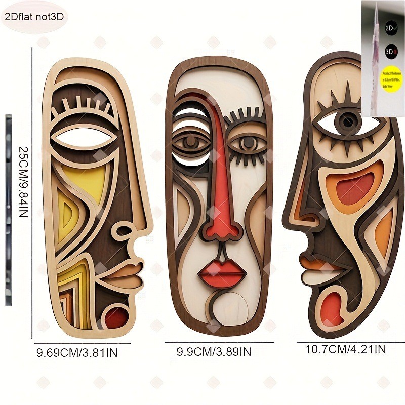 Wooden abstract wall art set three geometric face plaques