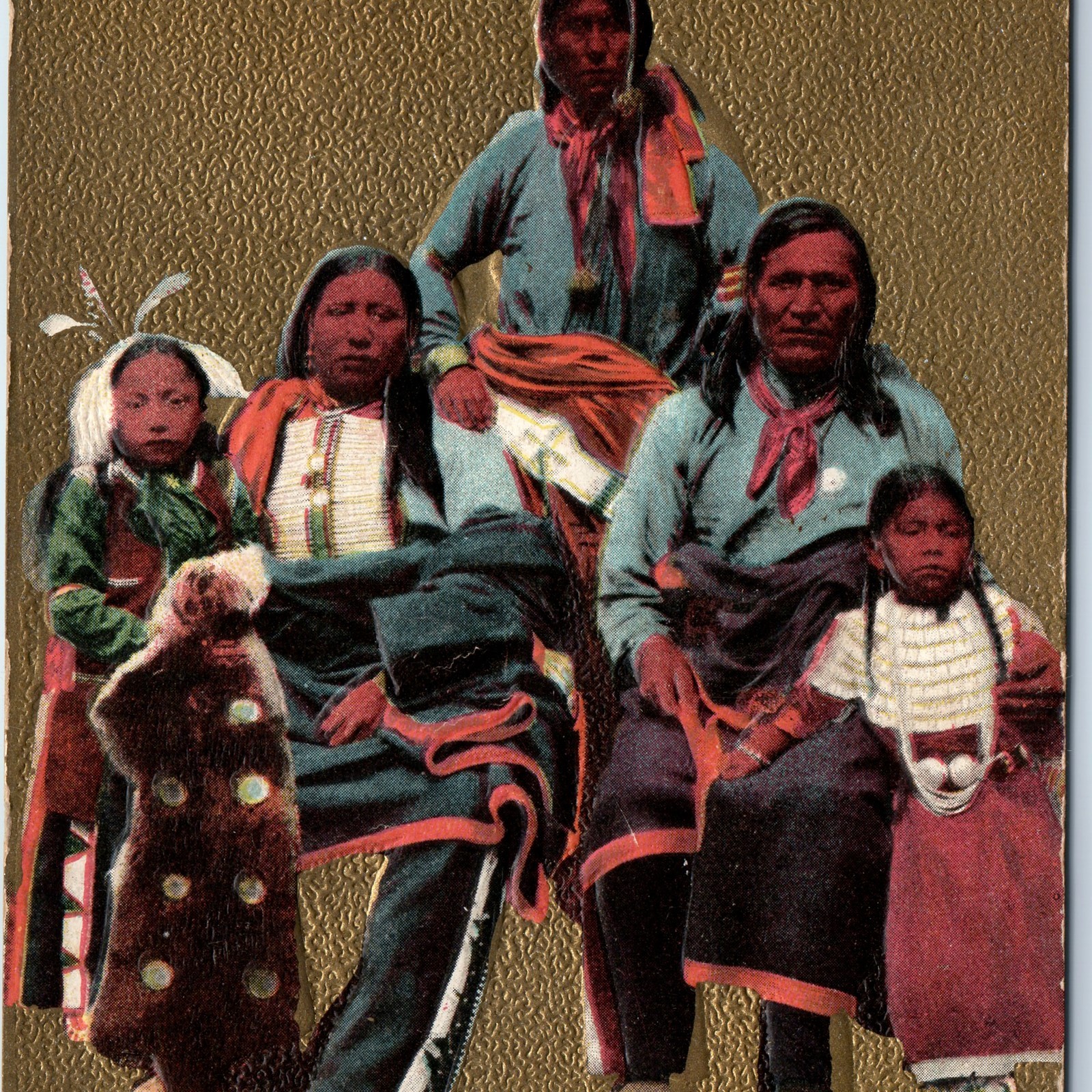 c1910s Native American Family Group Postcard Embossed Traditional Dress Portrait c1910s Native American Family Group Postcard Embossed Traditional Dress Portrait