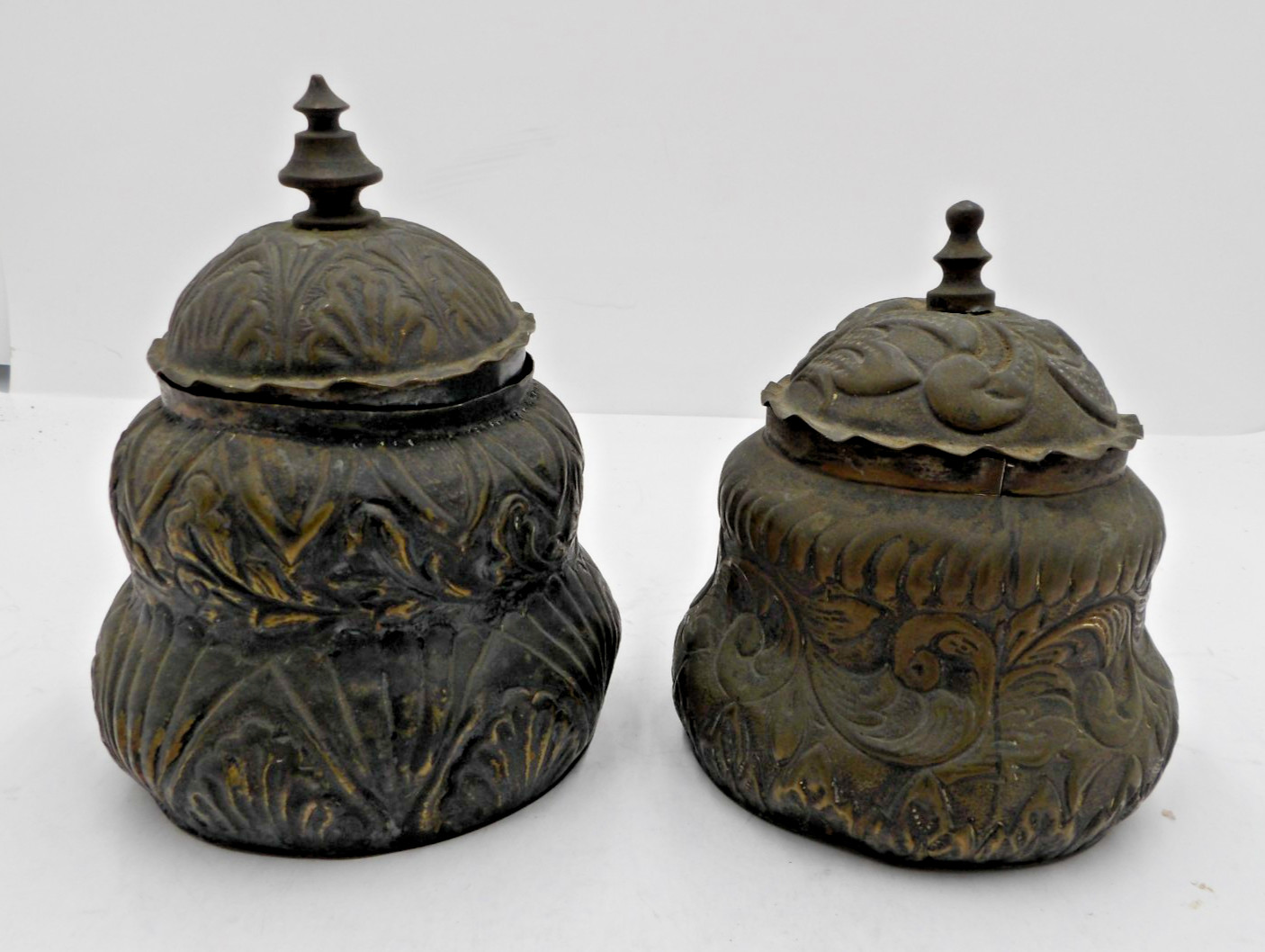 2 Small Antique Brass? Jars Covered Boxes Urns Embossed Scroll Designs