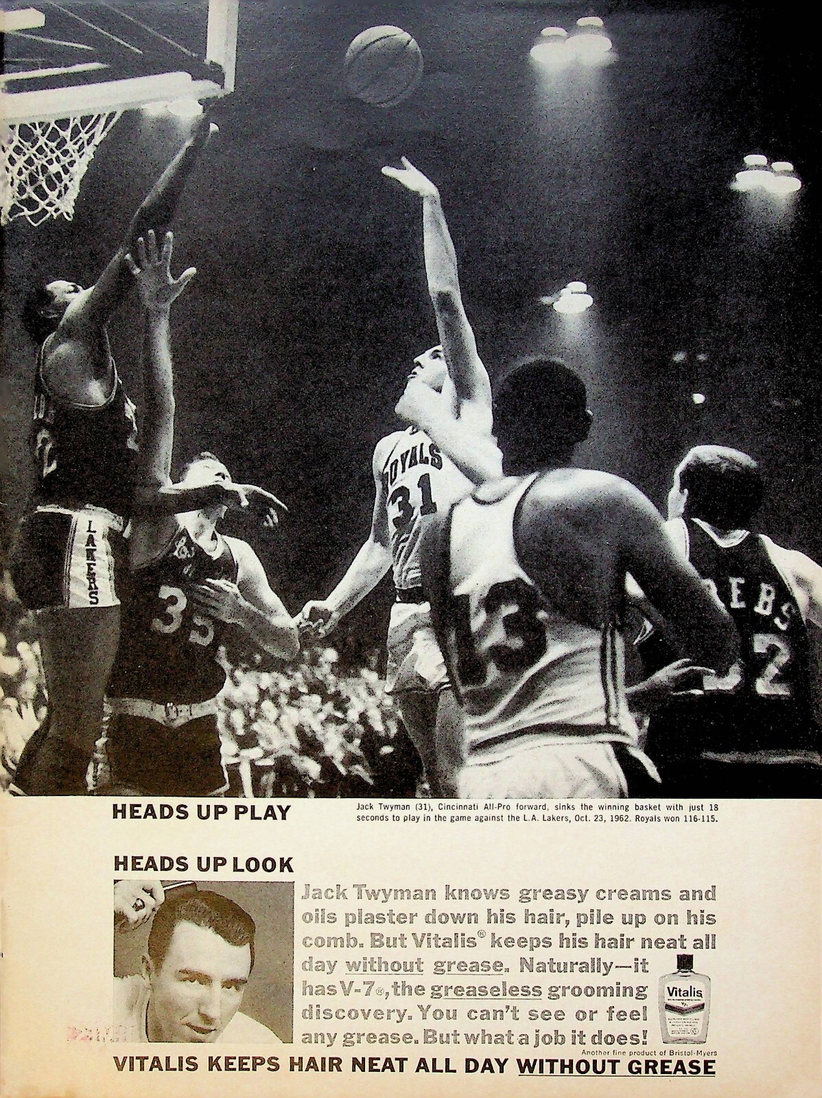 1963 Vitalis Jack Twyman Cincinnati Royals All-Pro Basketball Vintage Print Ad
