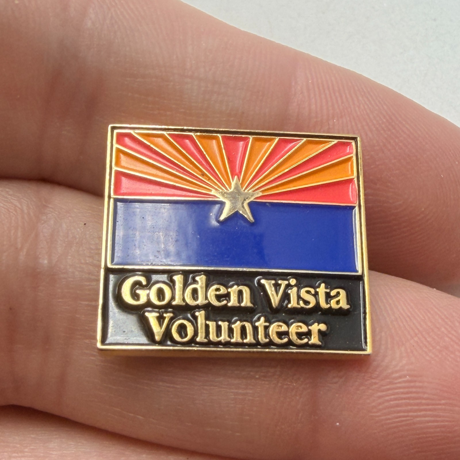 Golden Vista Volunteer Lapel Pin Arizona State Flag Enamel Souvenir Vintage Golden Vista Volunteer Lapel Pin Arizona State Flag Enamel Souvenir Vintage