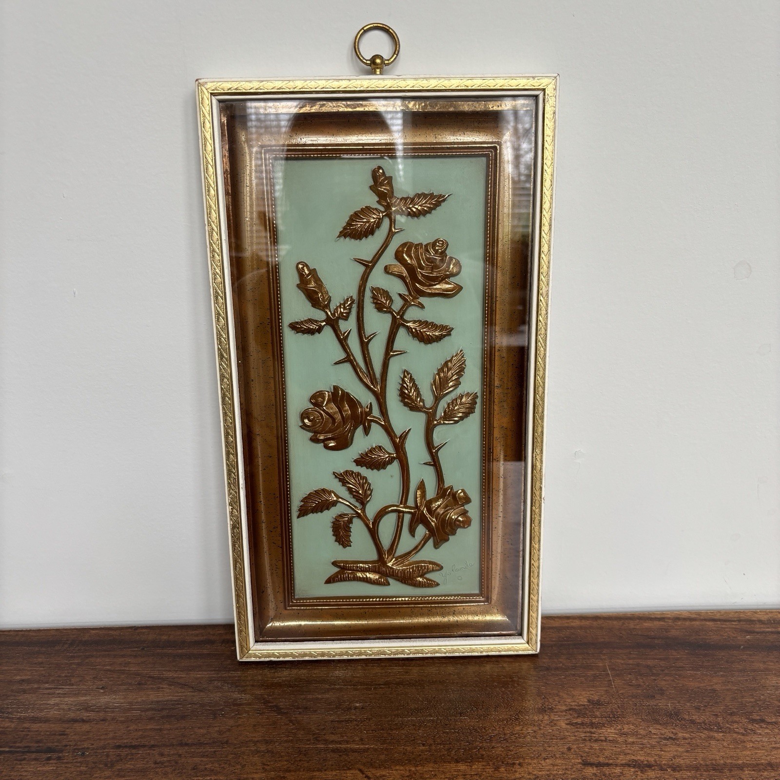 Vintage MCM Yolande Signed Framed Turquoise Copper Embossed Floral Picture Frame