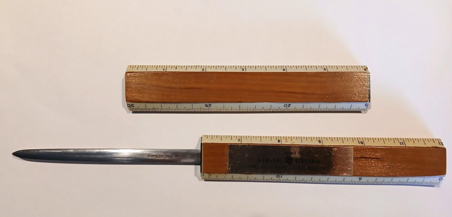 Vintage GENERAL ELECTRIC 12” Wooden Ruler and Built in Steel Letter Opener
