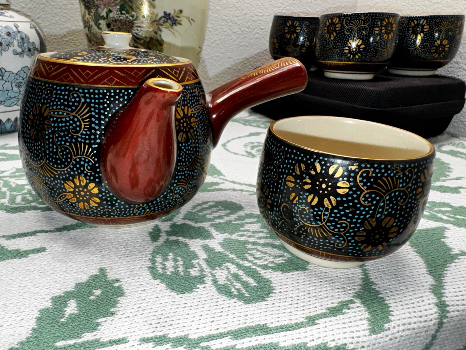 Vintage Kutani Ware Tea Set – Authentic Kyusu Teapot with 5 Matching Tea Cups