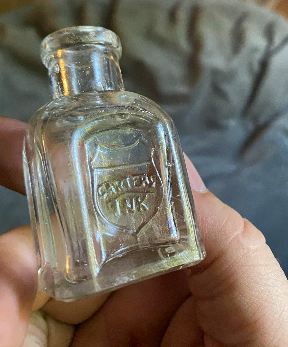 Small Clear Glass Ink Bottle with Embossed \