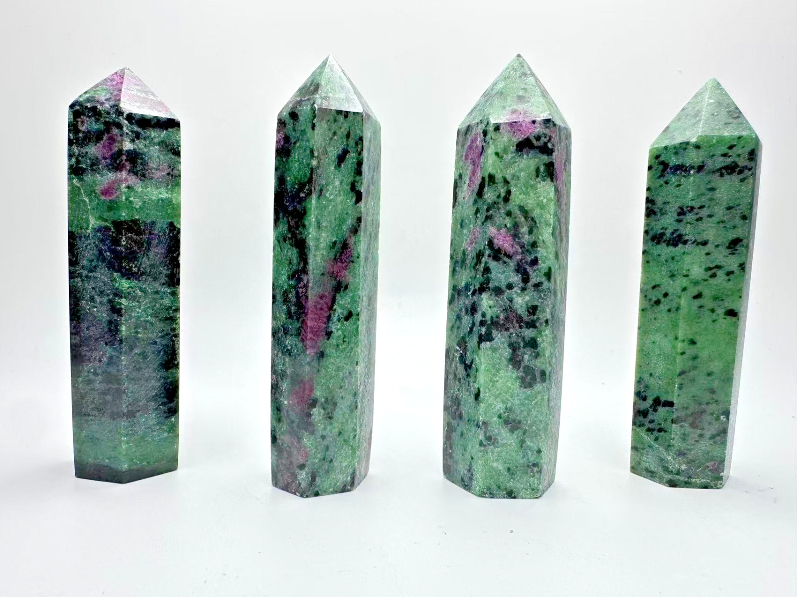 Set of 4 Ruby Zoisite Anyolite Crystal Energy Point Towers 3.25–3.75\