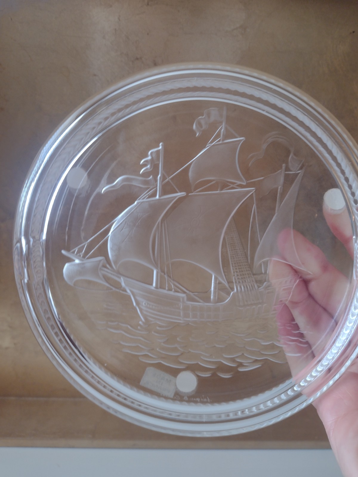 Vintage Lalique France Crystal Santa Maria Galleon Ship Ashtray Signed 6.75\