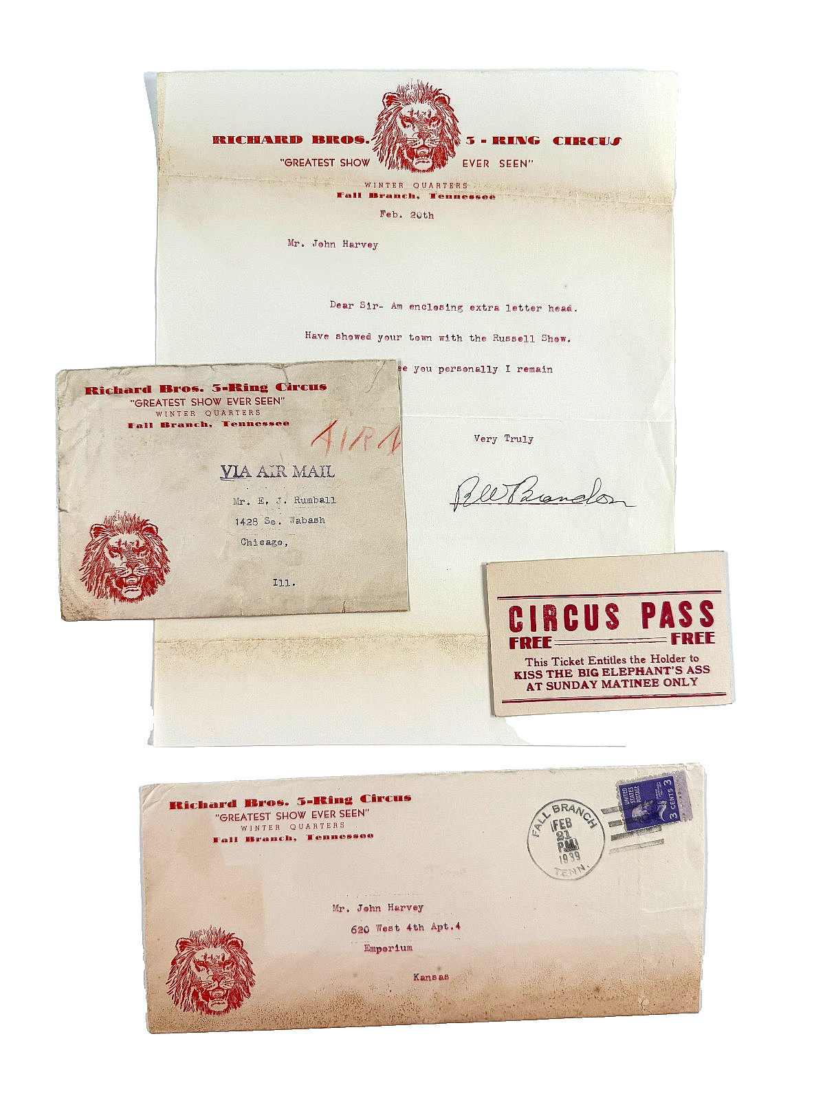 vtg 30s Richard Bros Lot (x4) letterhead ticket circus carnival sideshow