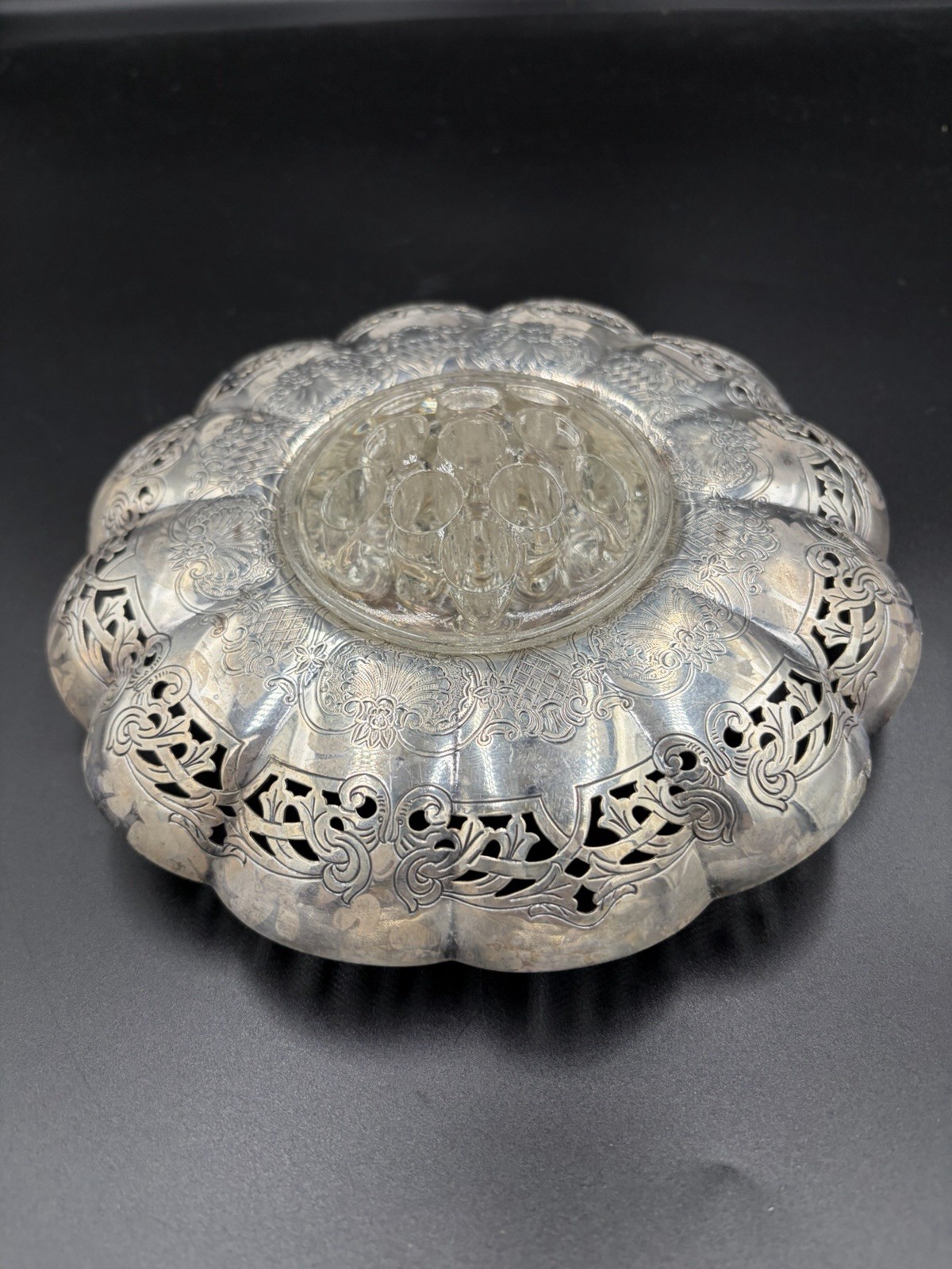 Vintage EP Copper Silverplate 8” Pierced Flower Bowl Vase w/ Glass Frog