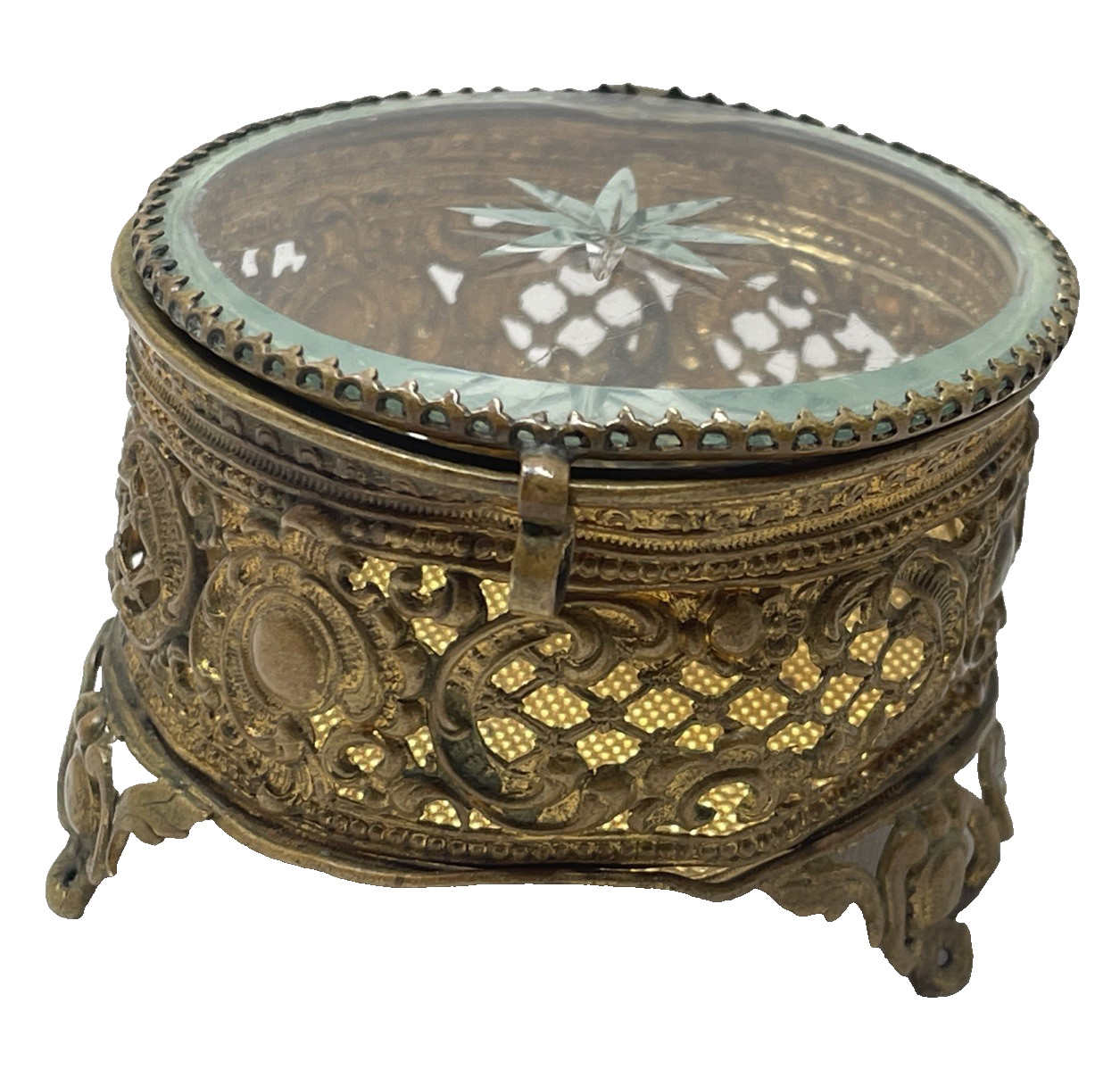 Vintage Filigree Ormolu Glass Jewelry  Trinket Box Small