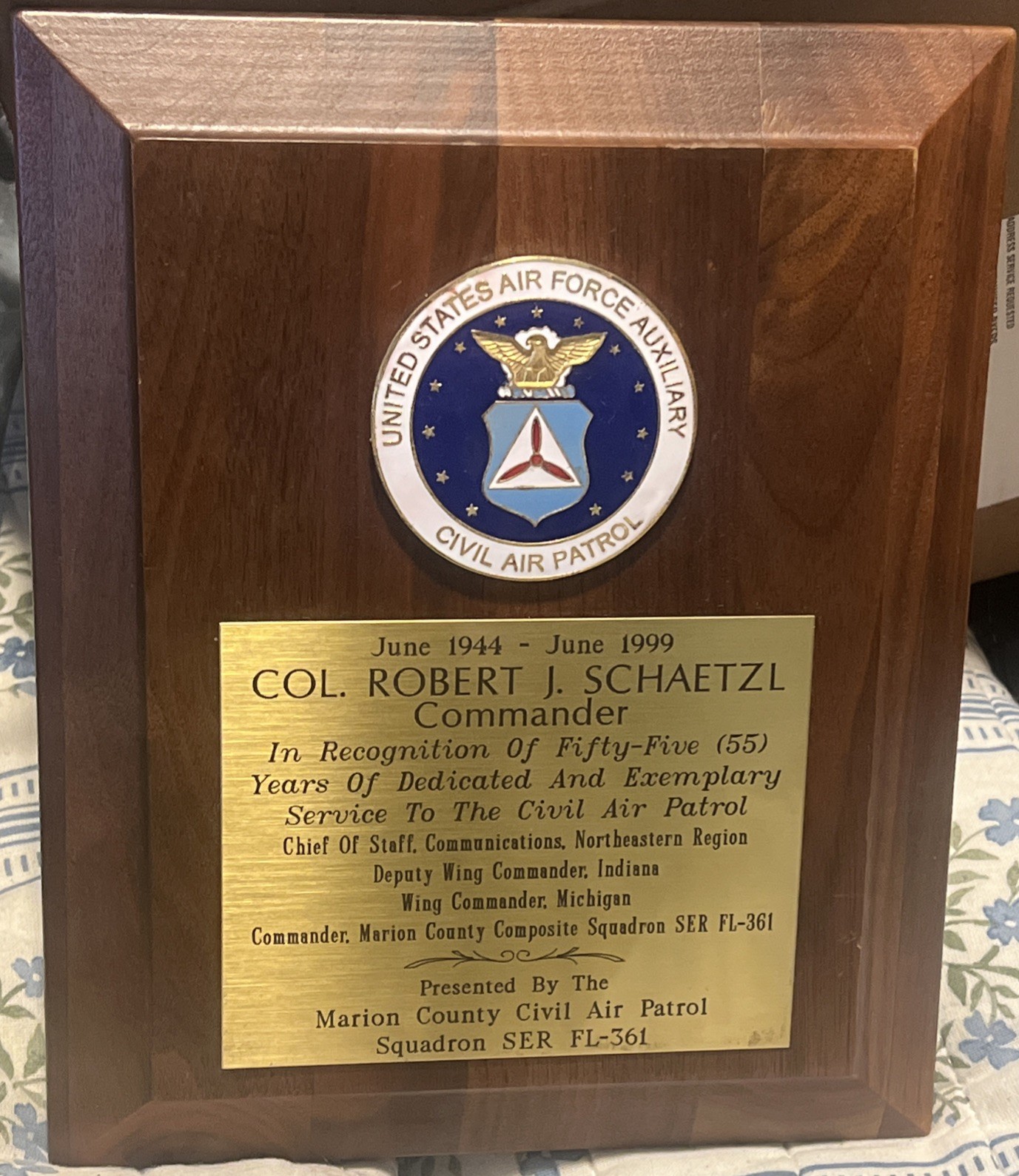 Vintage Civil Air Patrol CAP USAF Auxiliary Col Robert Schaetzl Military Plaque