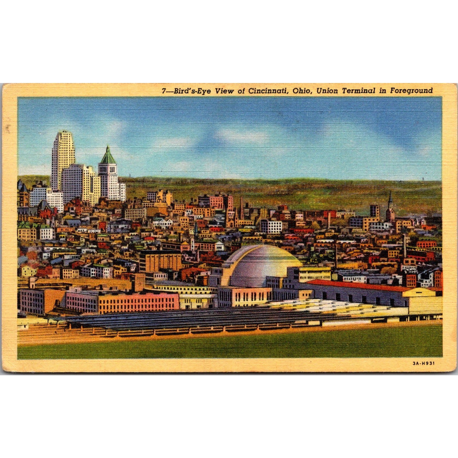 Bird's Eye View of Cincinnati OH Union Terminal Foreground Vintage Postcard SPZ1