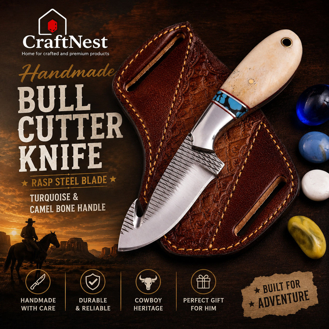 Handmade Rasp Steel Bull Cutter Knife | Turquoise & Camel Bone Handle, Leather S