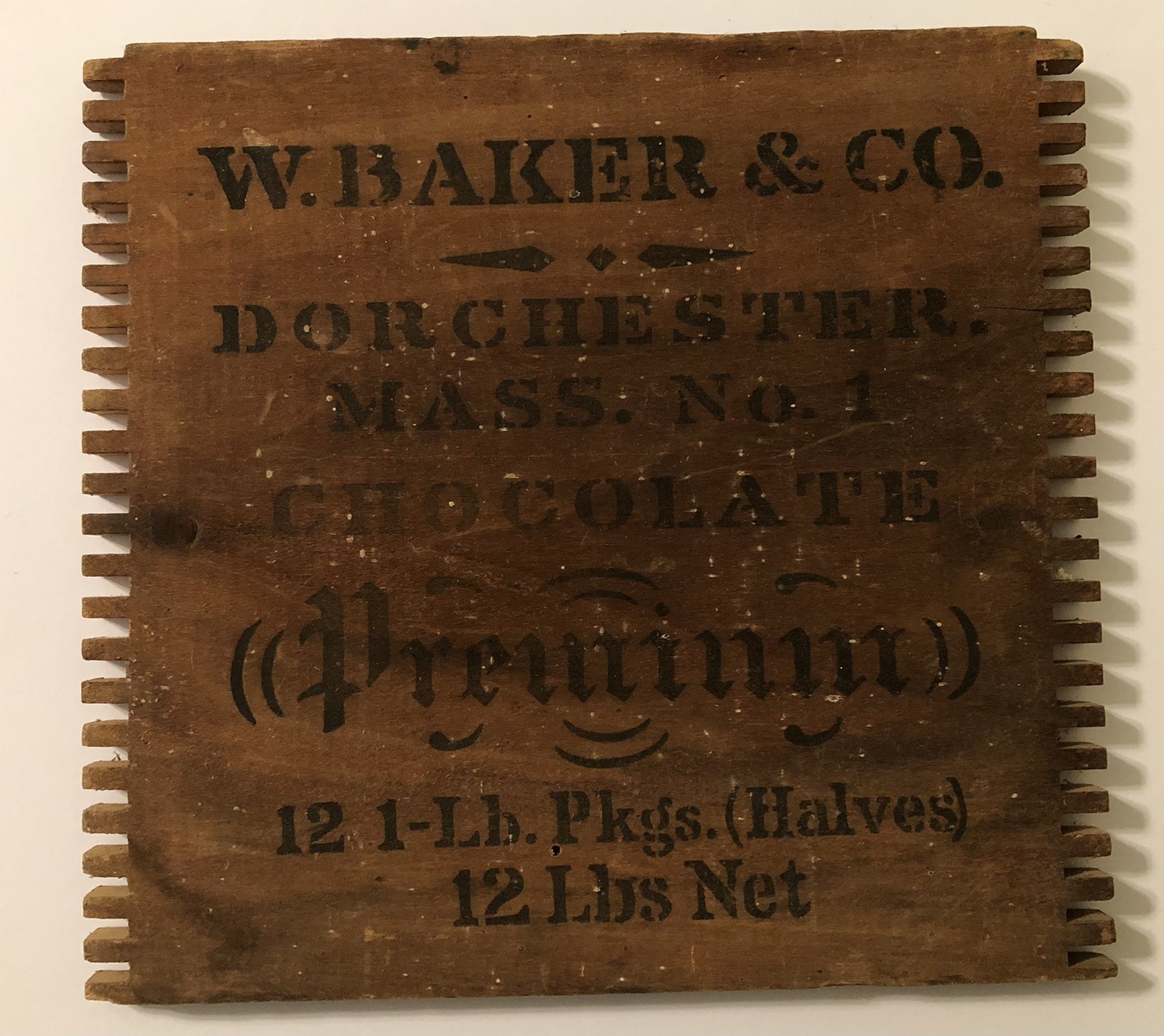 Antique W. Baker & Co. Chocolate Wooden Crate End Sign Dorchester, Mass. MA