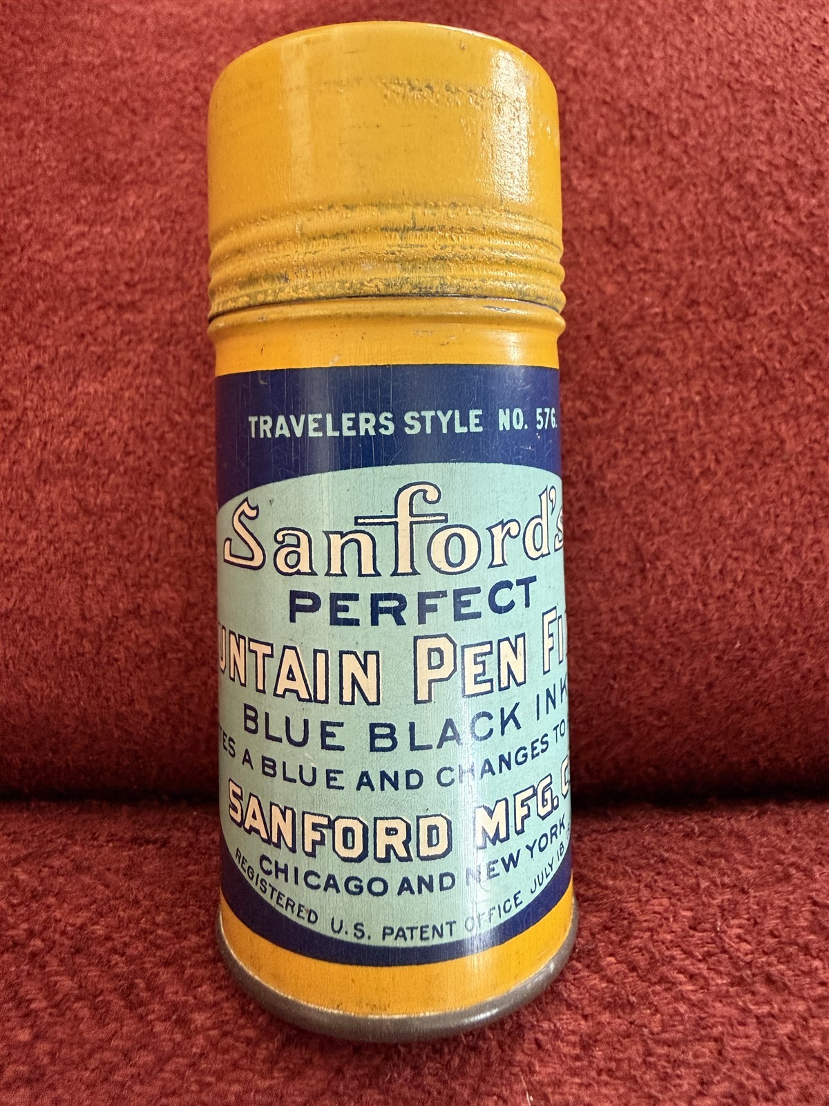 ANTIQUE ADVERTISING SANFORD'S FOUNTAIN PEN INK FILLER LITHO TIN TRAVELERS STYLE